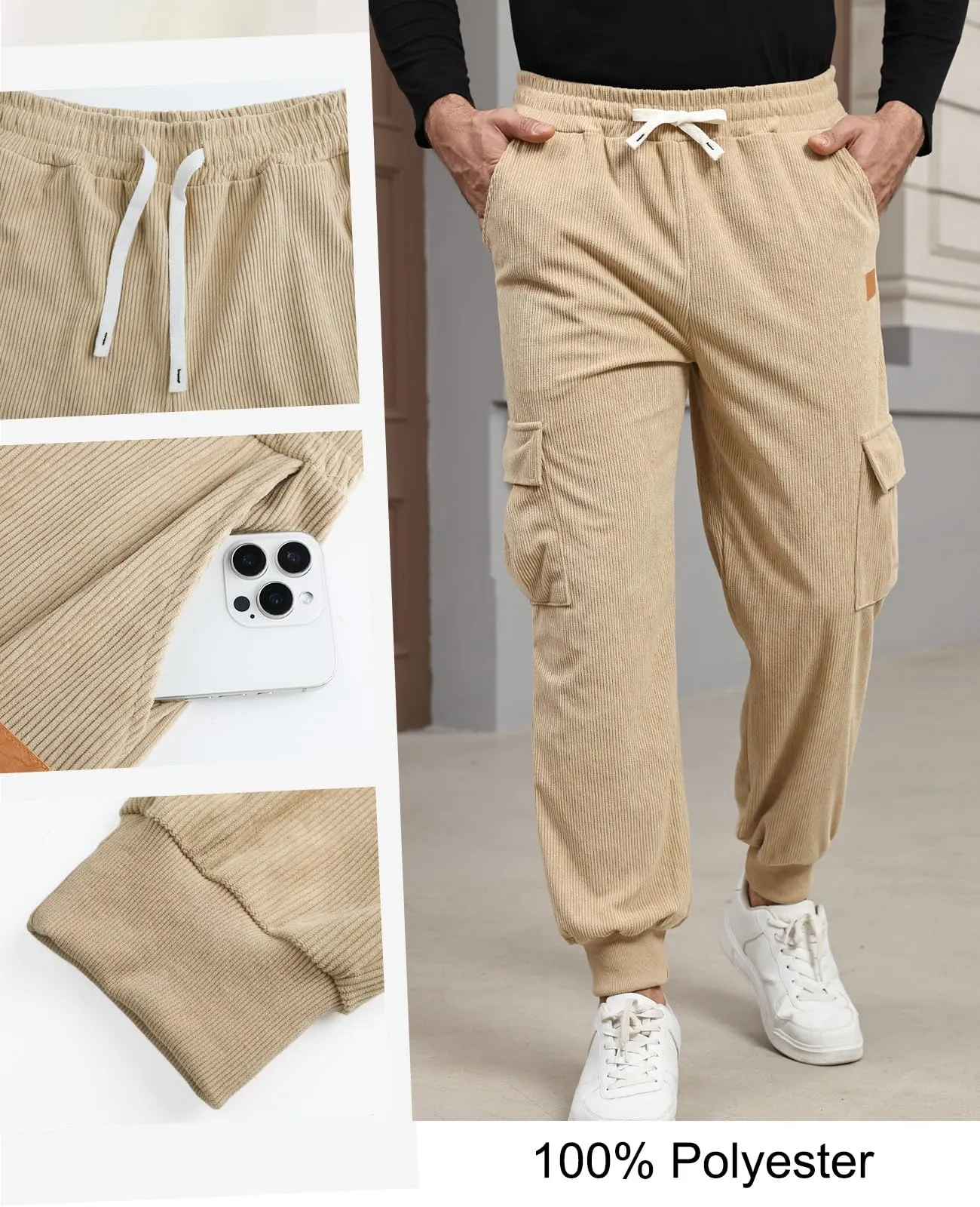 Suwangi Pantaloni Jogging in Velluto a Coste Cargo da Uomo con Tasche - immagine 4
