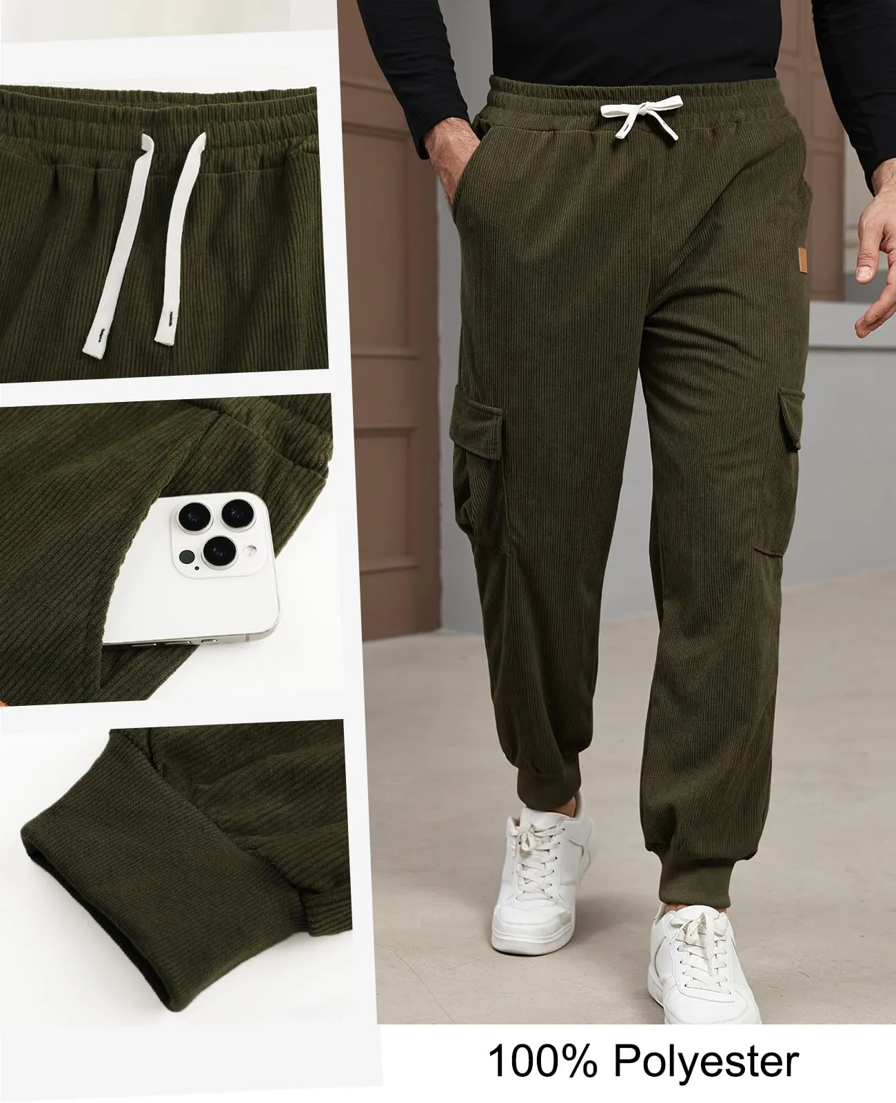 Suwangi Pantaloni Jogging Uomo in Velluto a Coste Cargo con Tasche - immagine 4