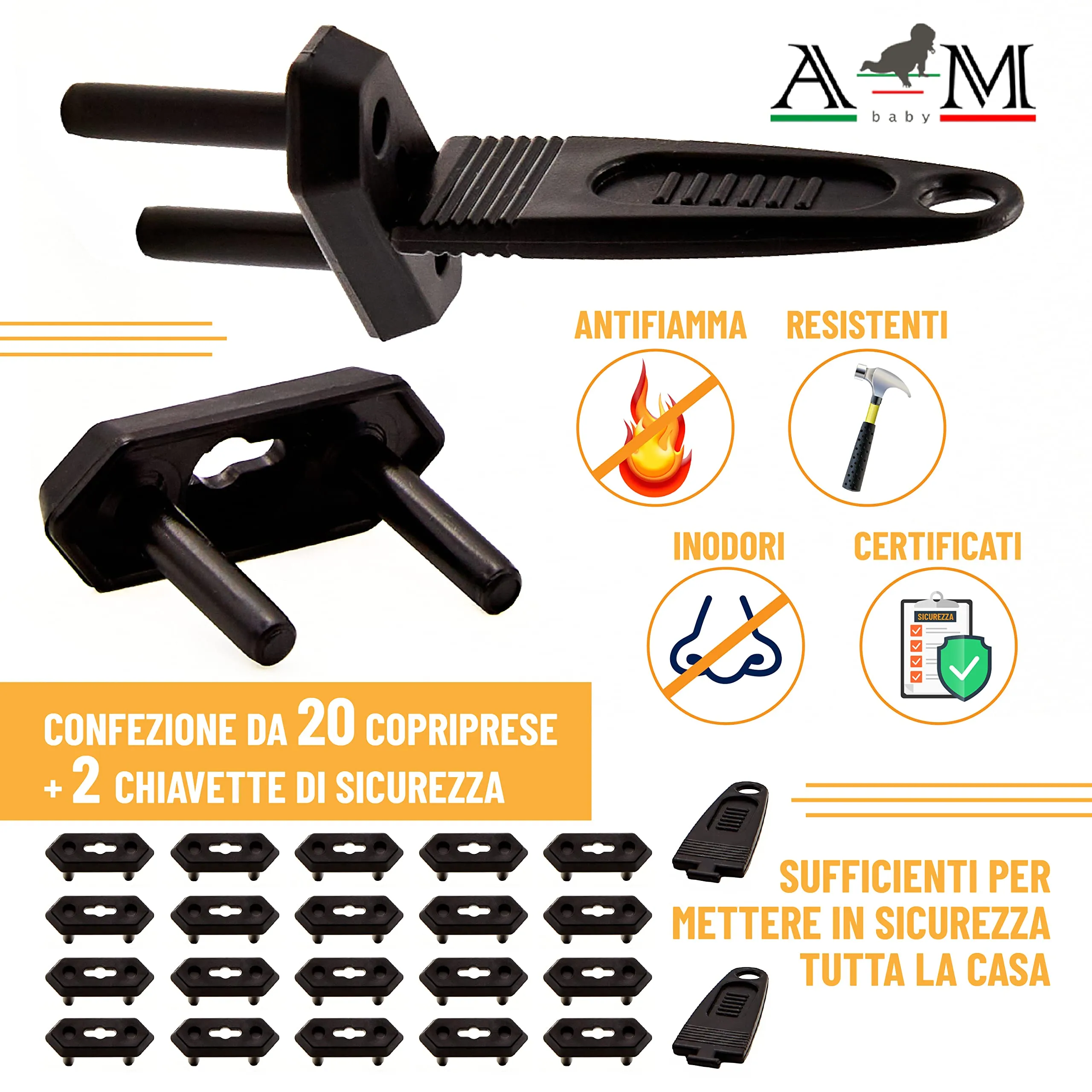 A&M Italia Copriprese per Bambini - 20 Copri Prese Elettriche in ABS Certificato EN-71 e 2 Chiavi - immagine 3