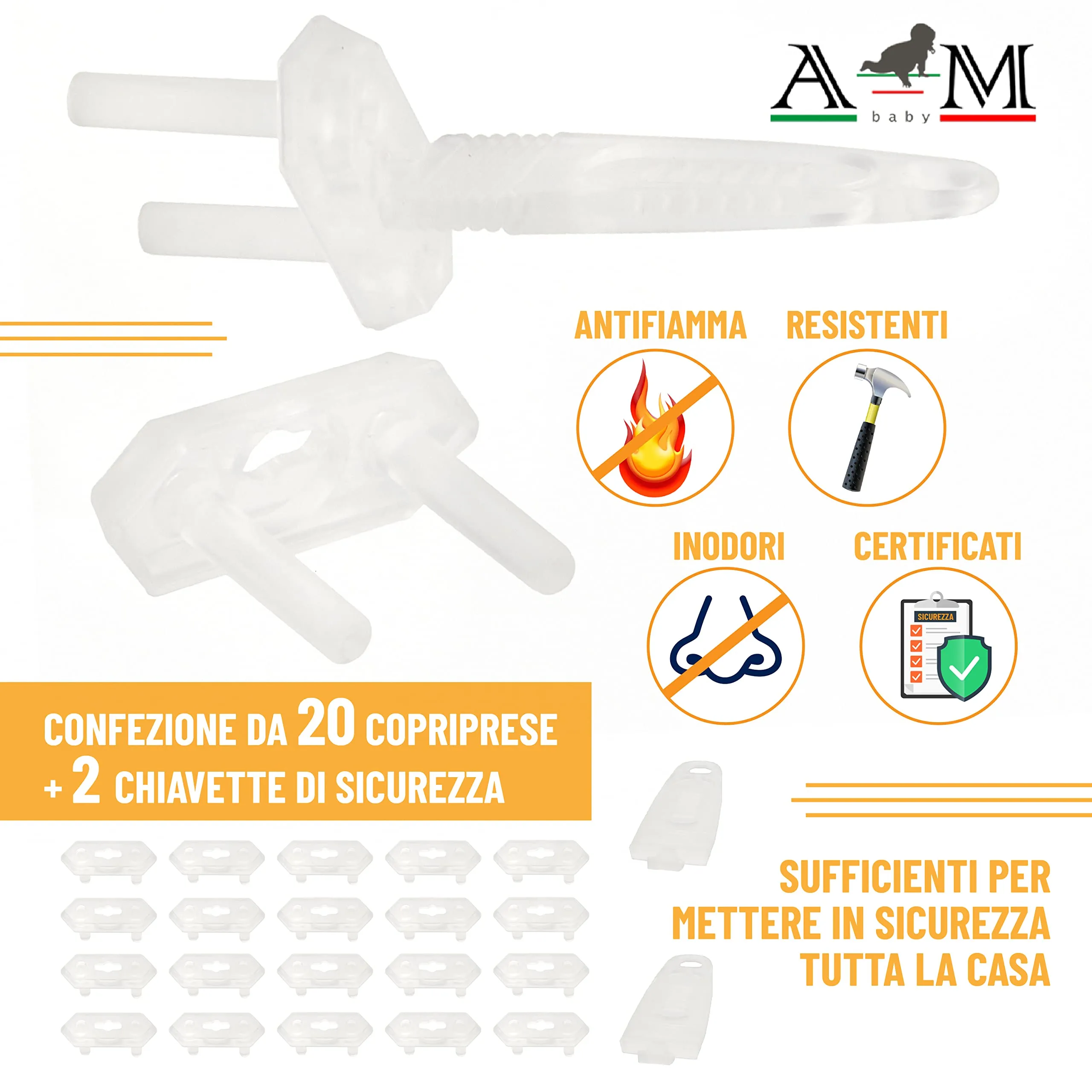 A&M Italia Copriprese per Bambini, 20 Pezzi in ABS Certificato EN-71 con 2 Chiavi (Trasparente) - immagine 2