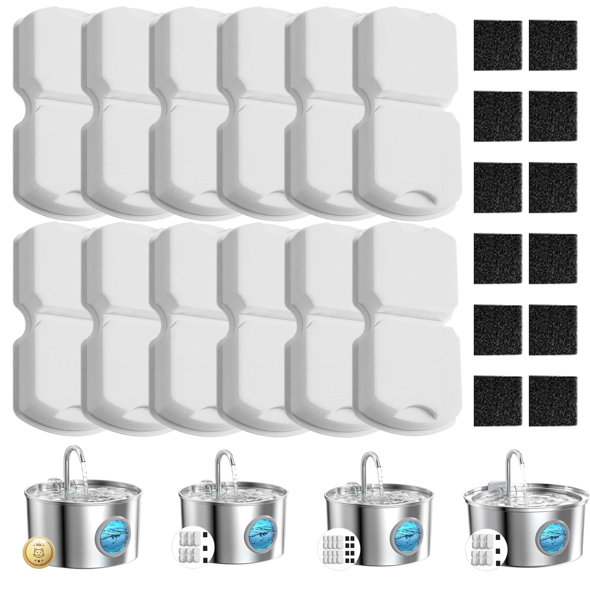 GIOTOHUN Filtri per Fontana per Gatti in Acciaio Inox, 24 Pezzi (12 Filtri a Carbone + 12 Filtri in Schiuma) - immagine 1