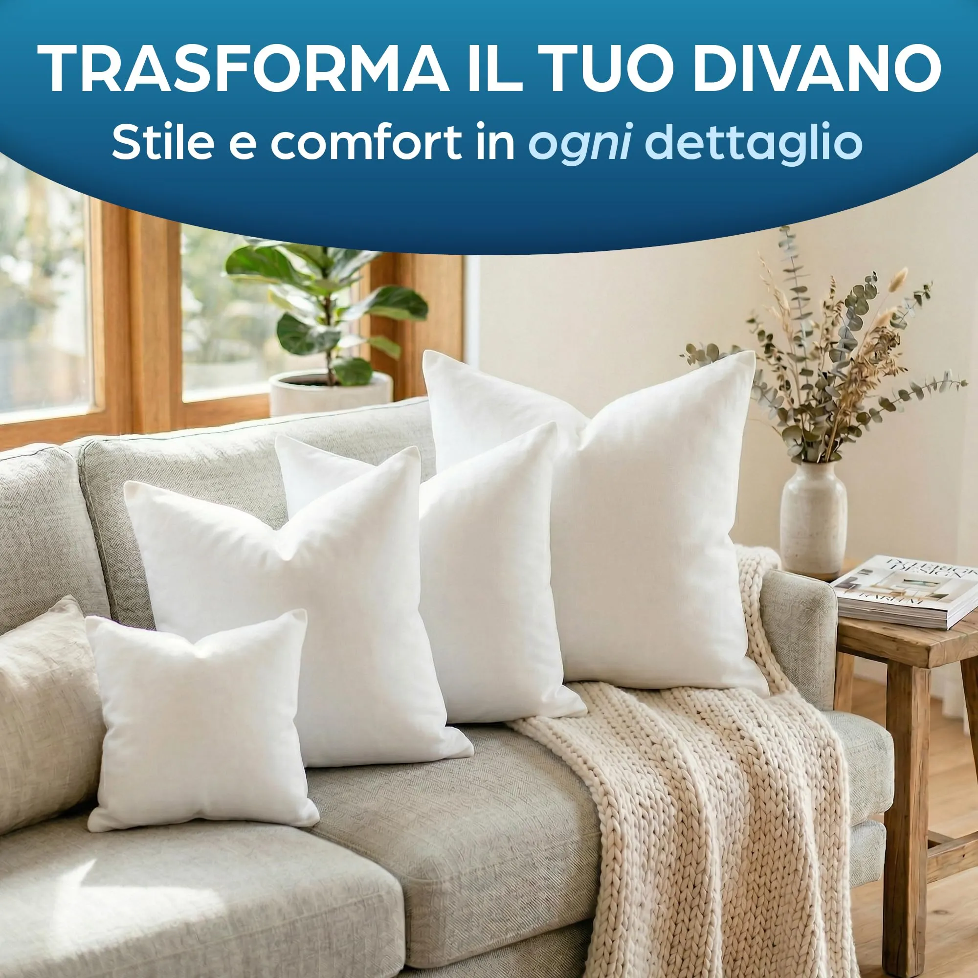 Flowen Imbottitura Cuscini per Divano e Letto, 60x60, 2 pezzi, Poliestere Bianco, Anallergici e Antiacaro - immagine 2