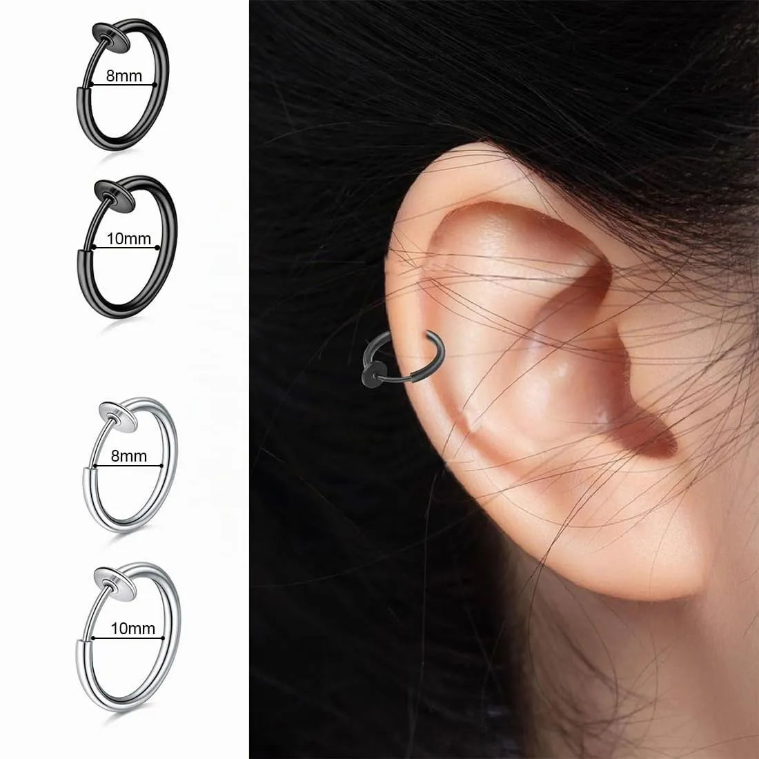 WKRTDY Orecchini Clip Magnetici in Acciaio Inossidabile Senza Buco, Set da 4 Paia, 8 mm e 10 mm, Nero e Argento - immagine 6