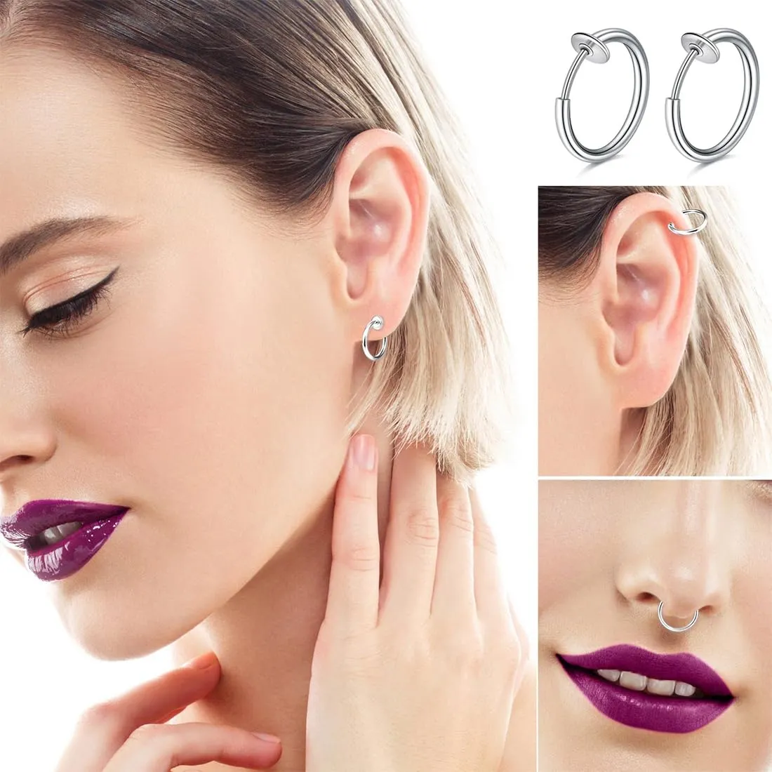 WKRTDY Set 4 Paia Orecchini Clip in Acciaio Inossidabile Argento, Ear Cuff Non Piercing 8mm 10mm 12mm 14mm - immagine 3
