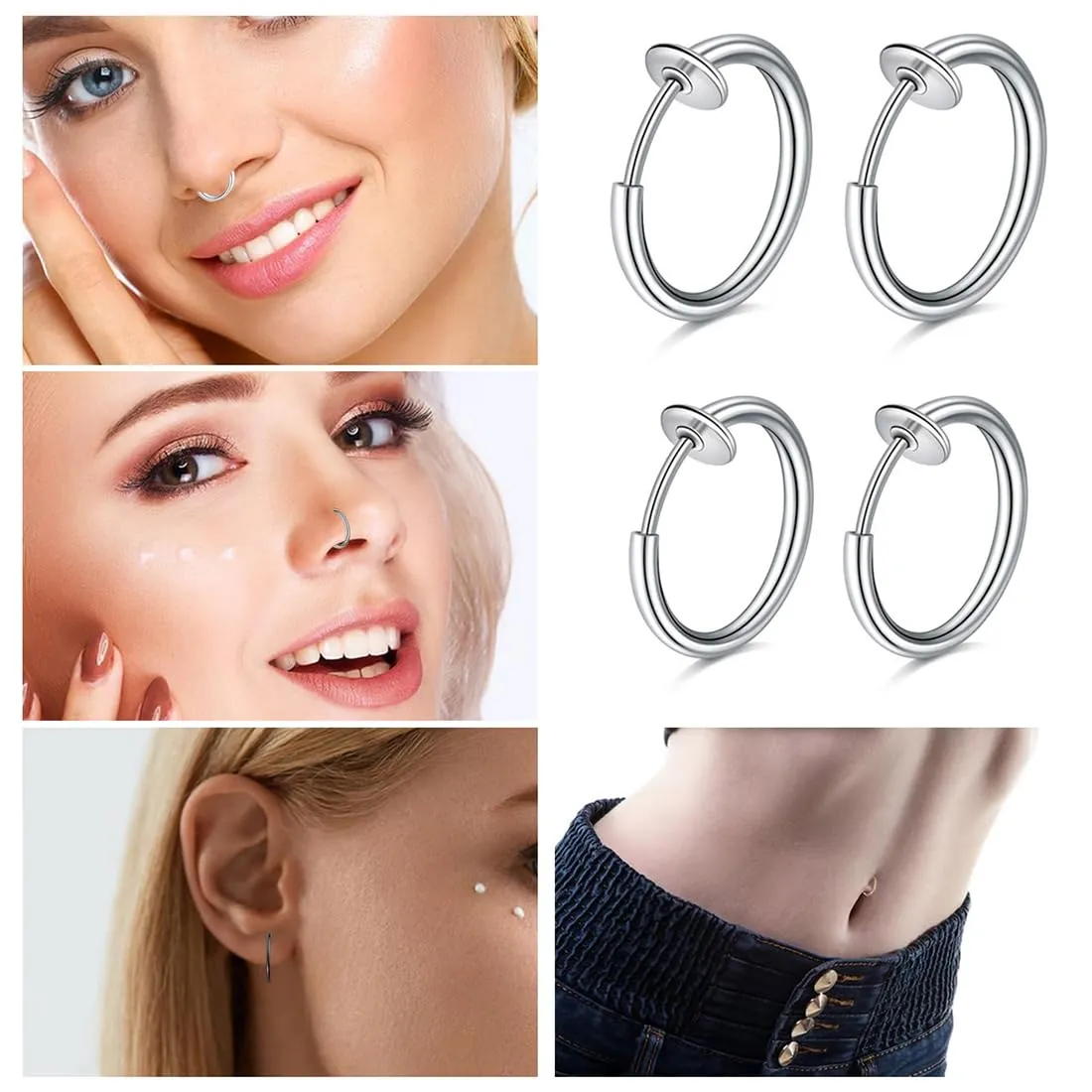 WKRTDY Set 4 Paia Orecchini Clip in Acciaio Inossidabile Argento, Ear Cuff Non Piercing 8mm 10mm 12mm 14mm - immagine 5