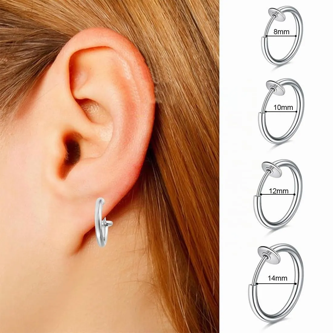 WKRTDY Set 4 Paia Orecchini Clip in Acciaio Inossidabile Argento, Ear Cuff Non Piercing 8mm 10mm 12mm 14mm - immagine 6