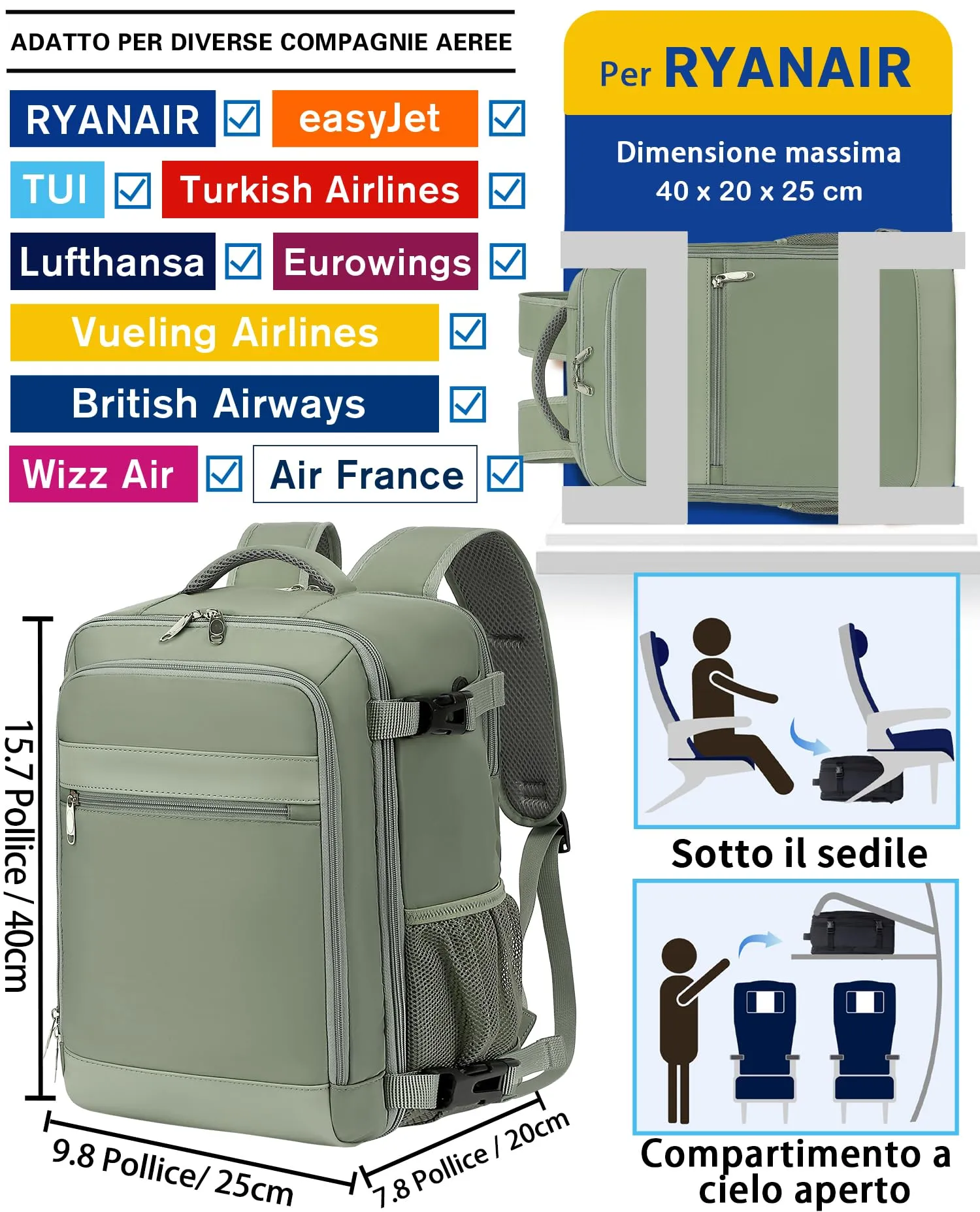 KLOSTAIN Zaino Ryanair 40x20x25 Bagaglio a Mano 20L con Porta PC 14 Pollici, Verde - immagine 2