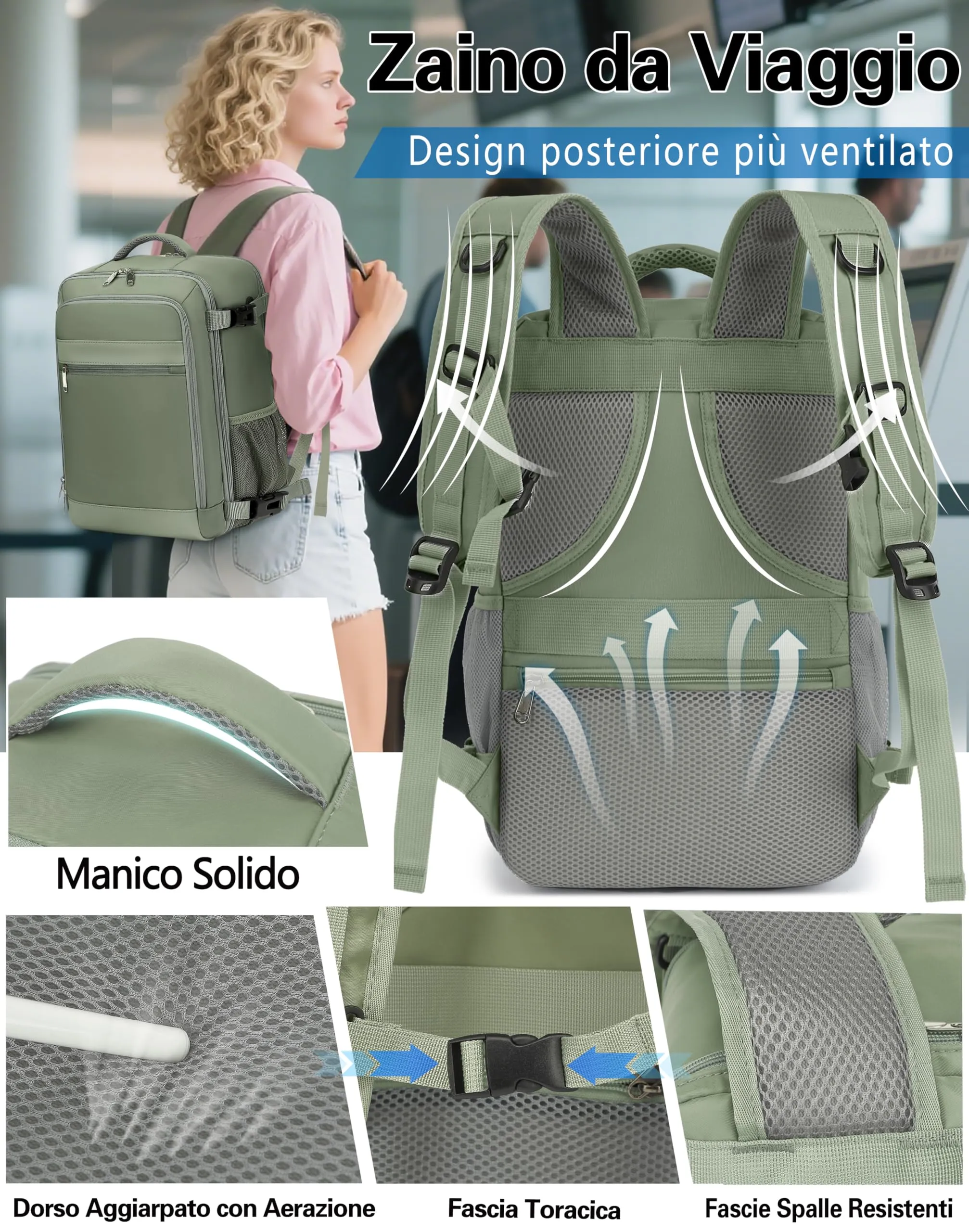 KLOSTAIN Zaino Ryanair 40x20x25 Bagaglio a Mano 20L con Porta PC 14 Pollici, Verde - immagine 5