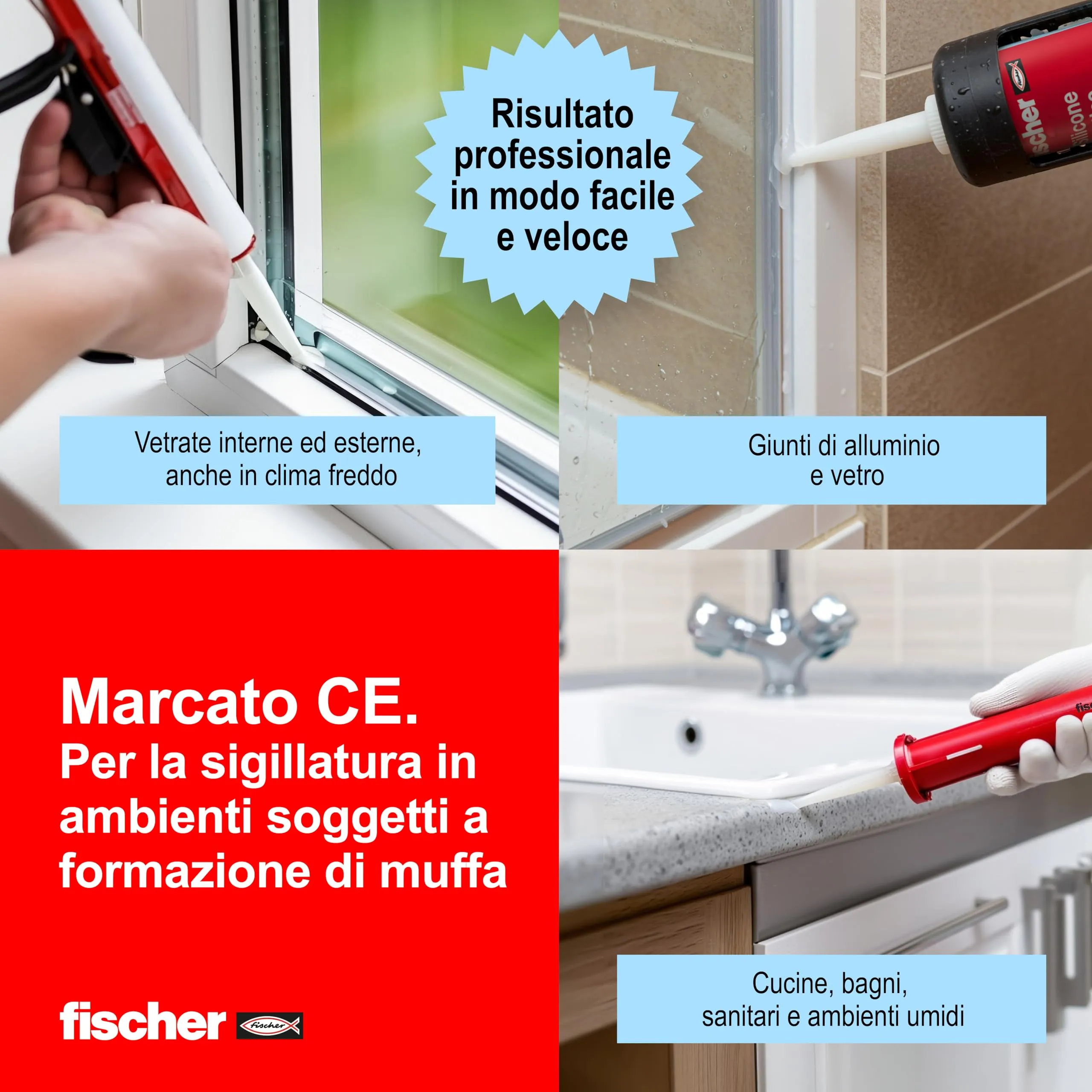 Fischer Silicone Acetico Multiuso Grigio SAM 280 ml, Sigillante Antimuffa, 9354 - immagine 3