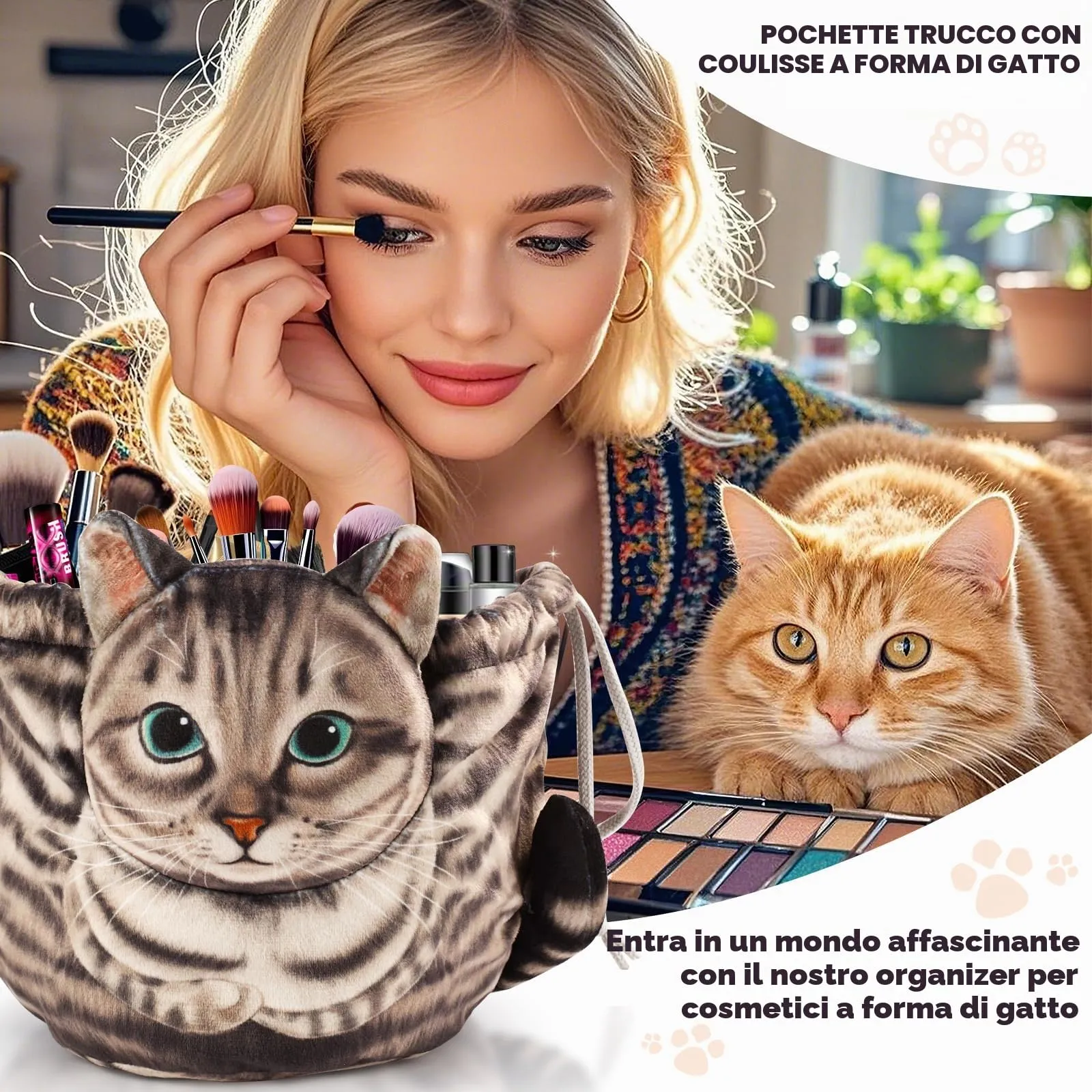 Openhahaha Trousse Porta Trucchi a Forma di Gatto con Coulisse, Borsa Cosmetica da Viaggio HBZ-001 - immagine 2