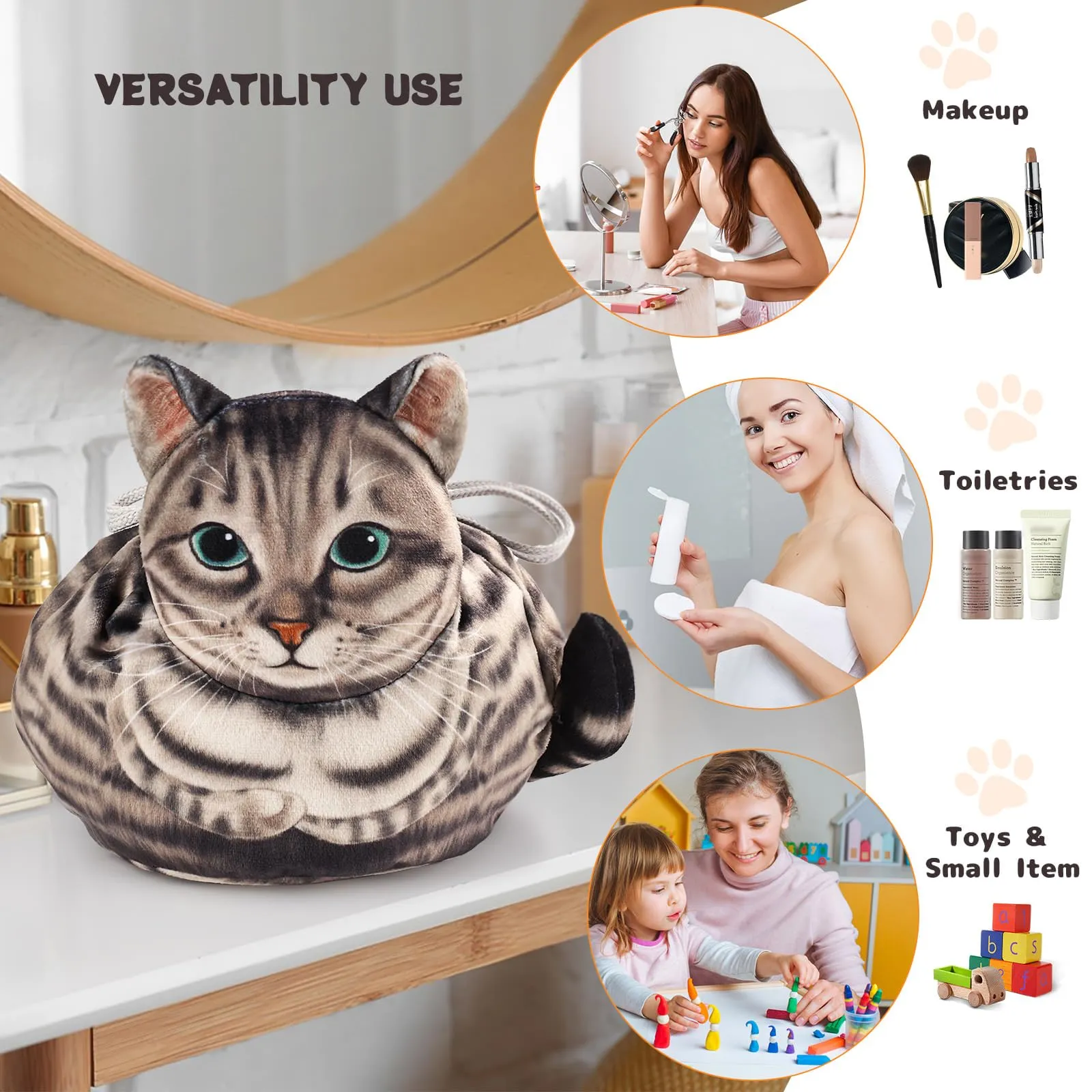 Openhahaha Trousse Porta Trucchi a Forma di Gatto con Coulisse, Borsa Cosmetica da Viaggio HBZ-001 - immagine 4