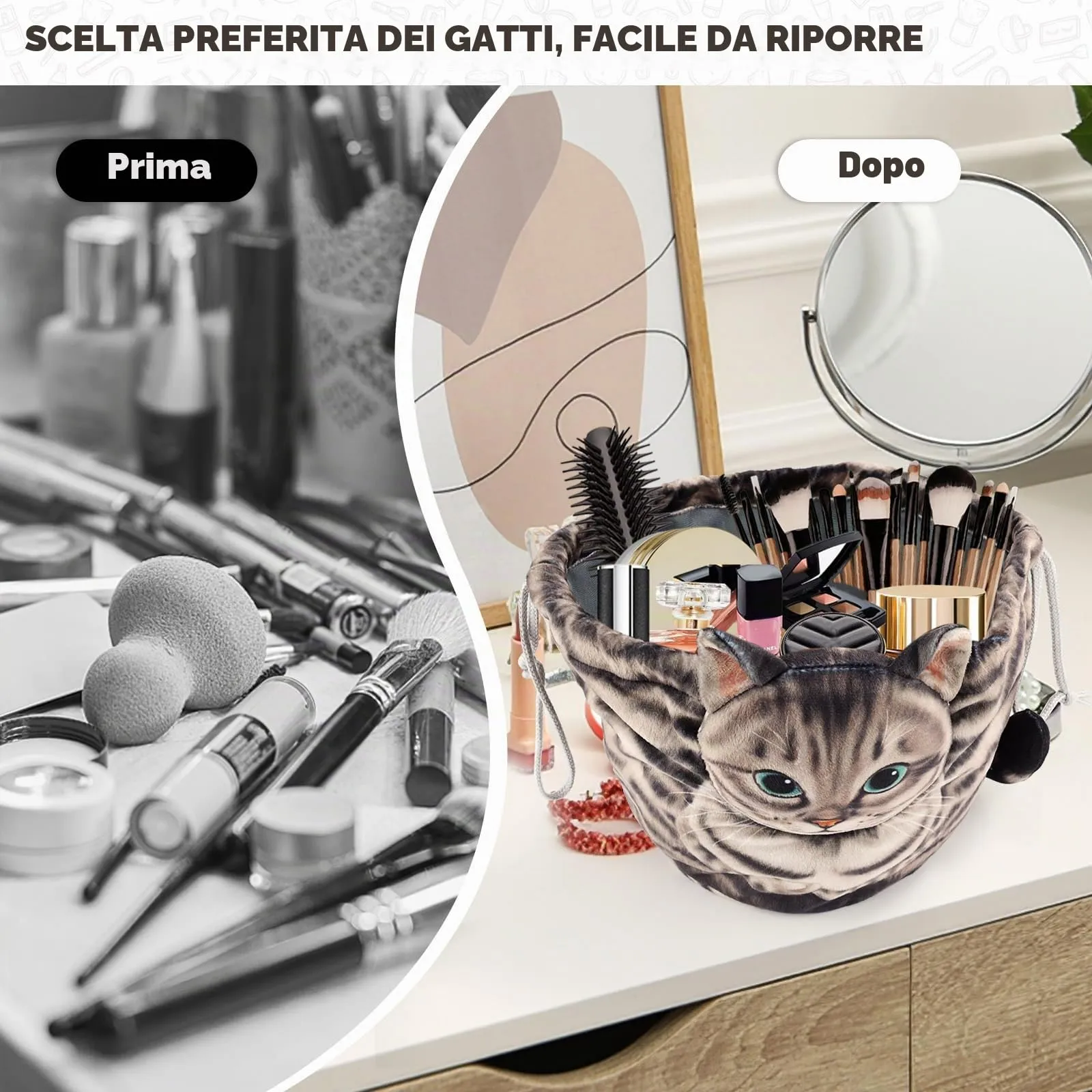 Openhahaha Trousse Porta Trucchi a Forma di Gatto con Coulisse, Borsa Cosmetica da Viaggio HBZ-001 - immagine 5