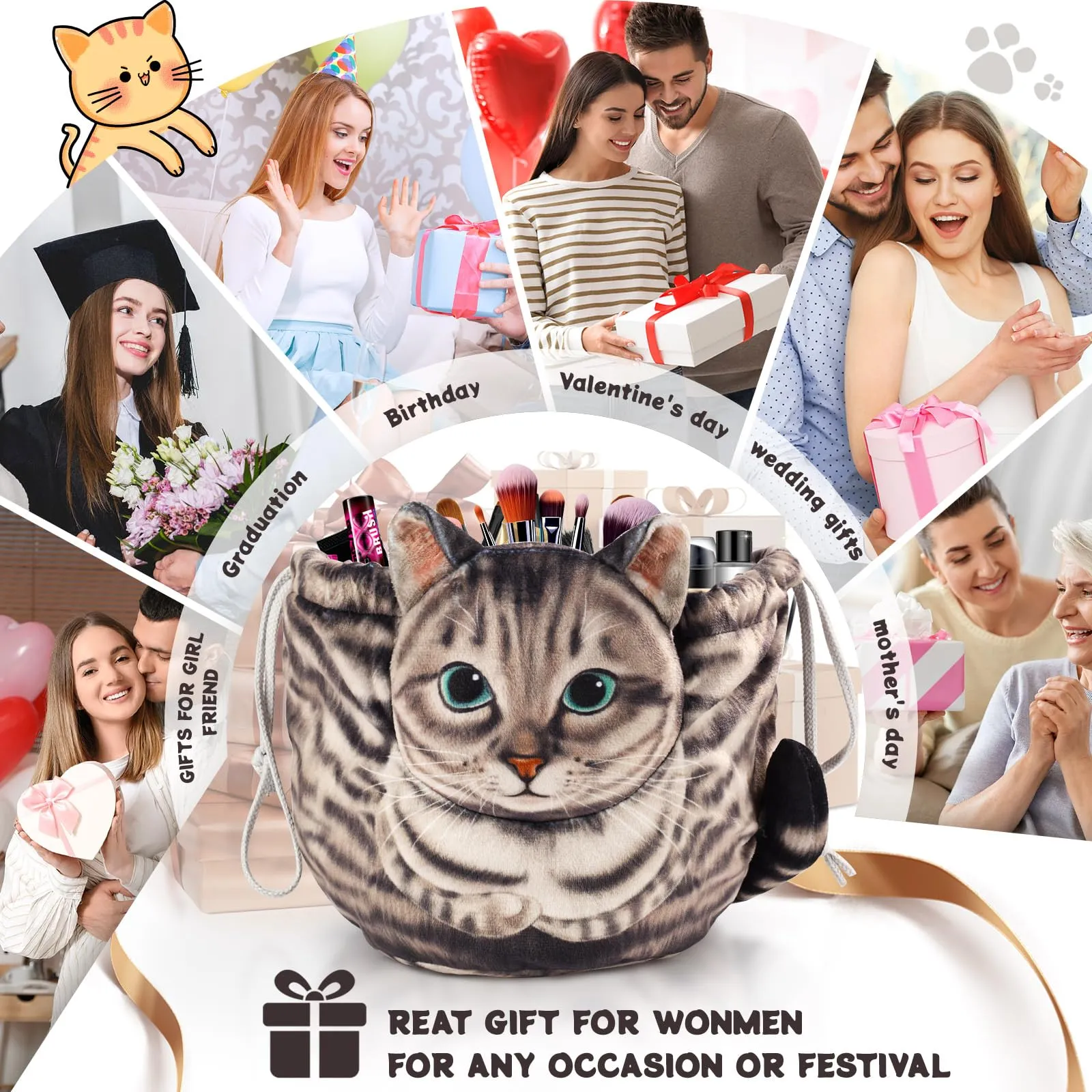 Openhahaha Trousse Porta Trucchi a Forma di Gatto con Coulisse, Borsa Cosmetica da Viaggio HBZ-001 - immagine 7