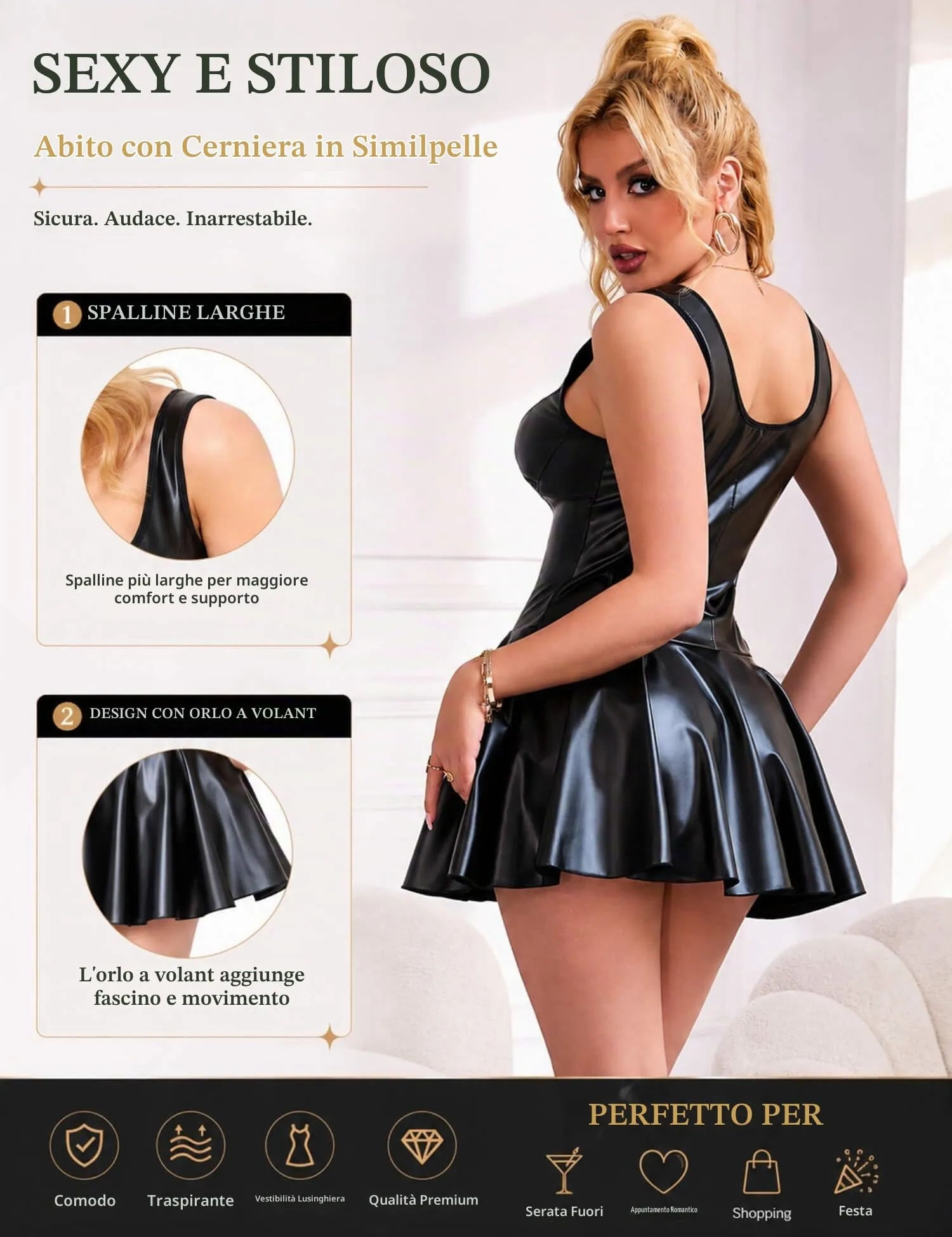 ohyeahlady Vestito Corto Donna in Pelle PU Senza Schienale con Cerniera, Bodycon Nero, XL - immagine 6