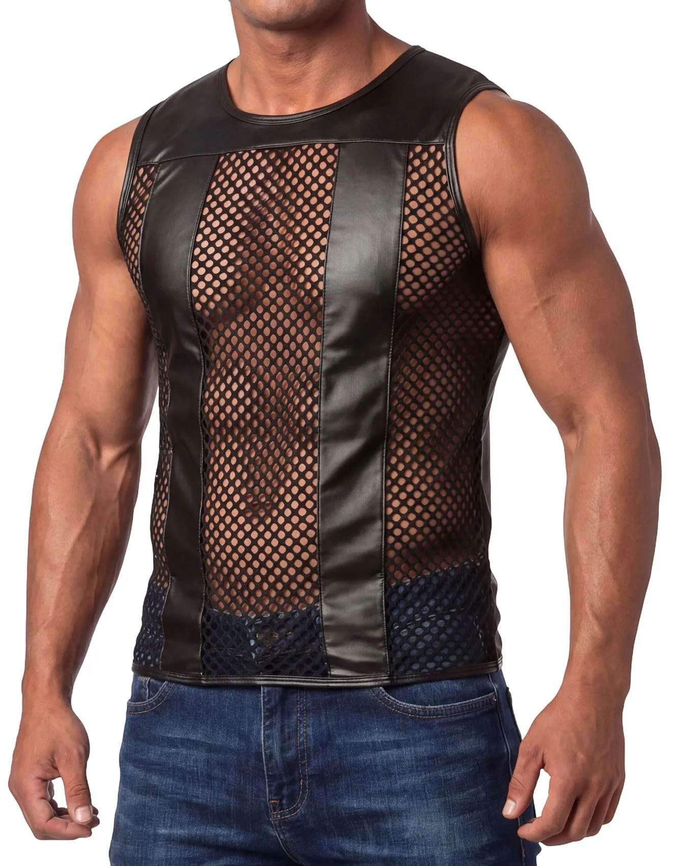 Cave Hero Maglietta da uomo simile al lattice senza maniche con inserti a rete, Nero, M - immagine 1