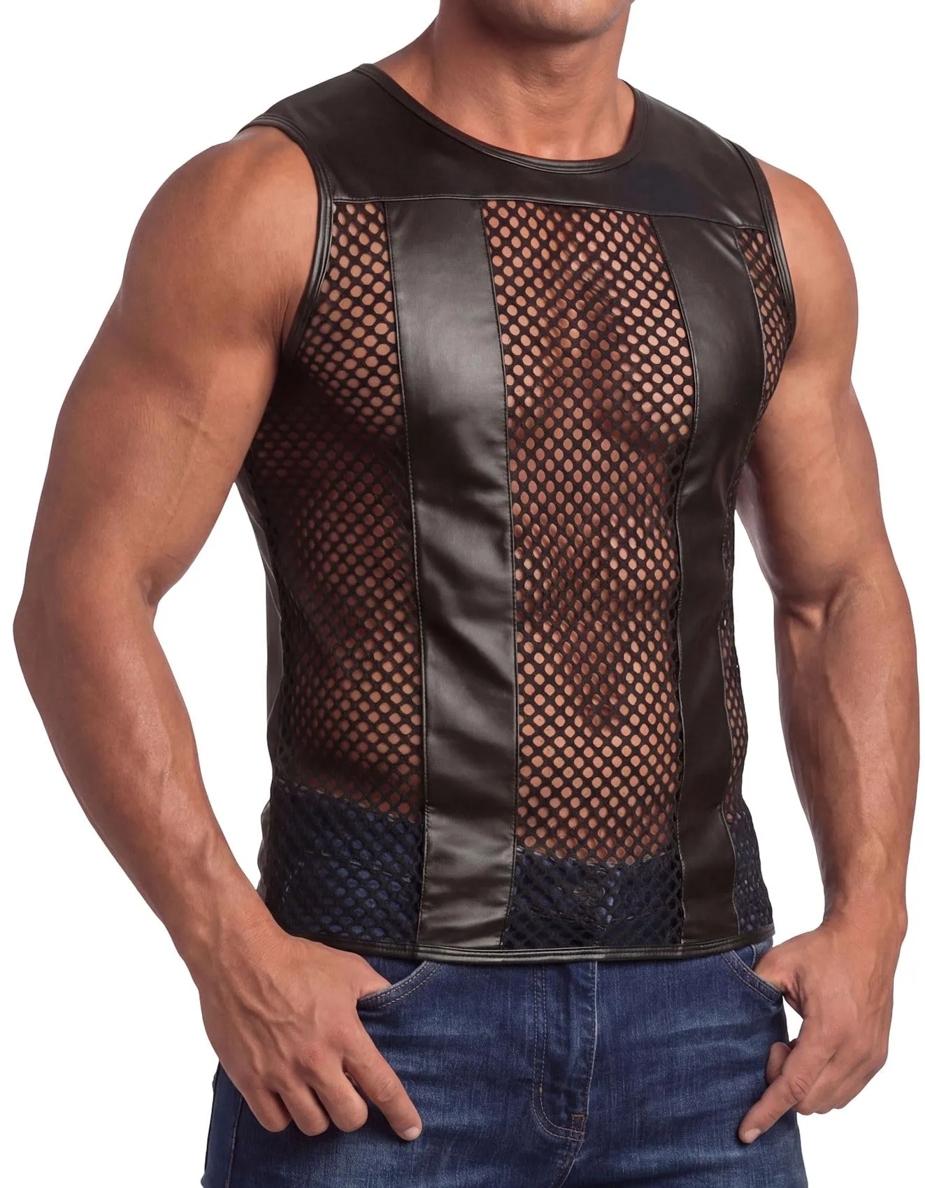 Cave Hero Maglietta da uomo senza maniche effetto lattice con inserti a rete, Nero, L - immagine 3