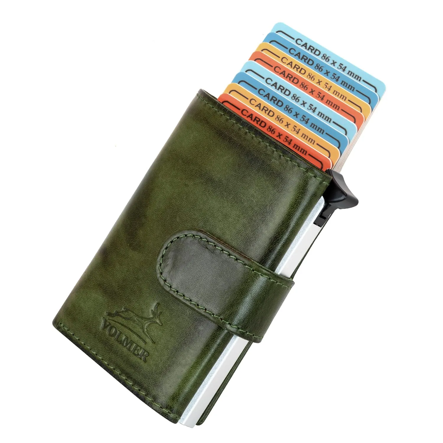 Fa.Volmer Portacarte Pop-Up in Vera Pelle con Tasca per Monete, Protezione RFID, VO31 Green - immagine 1