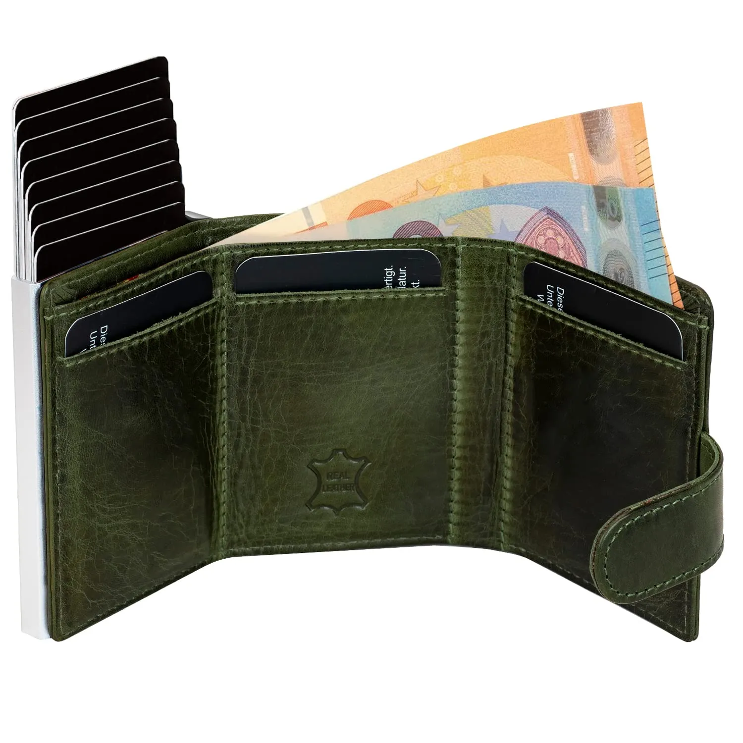 Fa.Volmer Portacarte Pop-Up in Vera Pelle con Tasca per Monete, Protezione RFID, VO31 Green - immagine 2