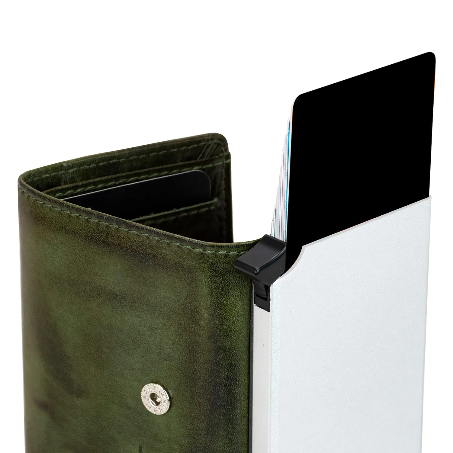 Fa.Volmer Portacarte Pop-Up in Vera Pelle con Tasca per Monete, Protezione RFID, VO31 Green - immagine 4