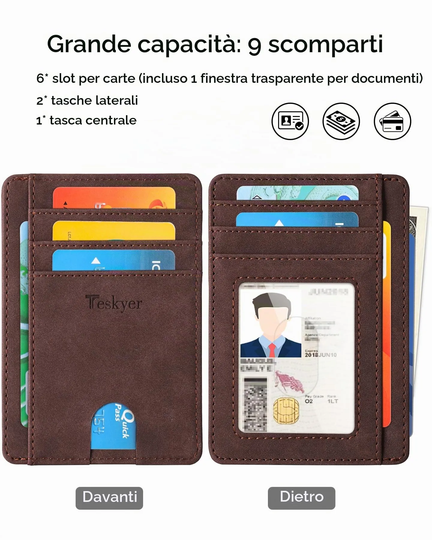 Teskyer Portafoglio Porta Carte di Credito Uomo Sottile RFID, Caffè - immagine 2