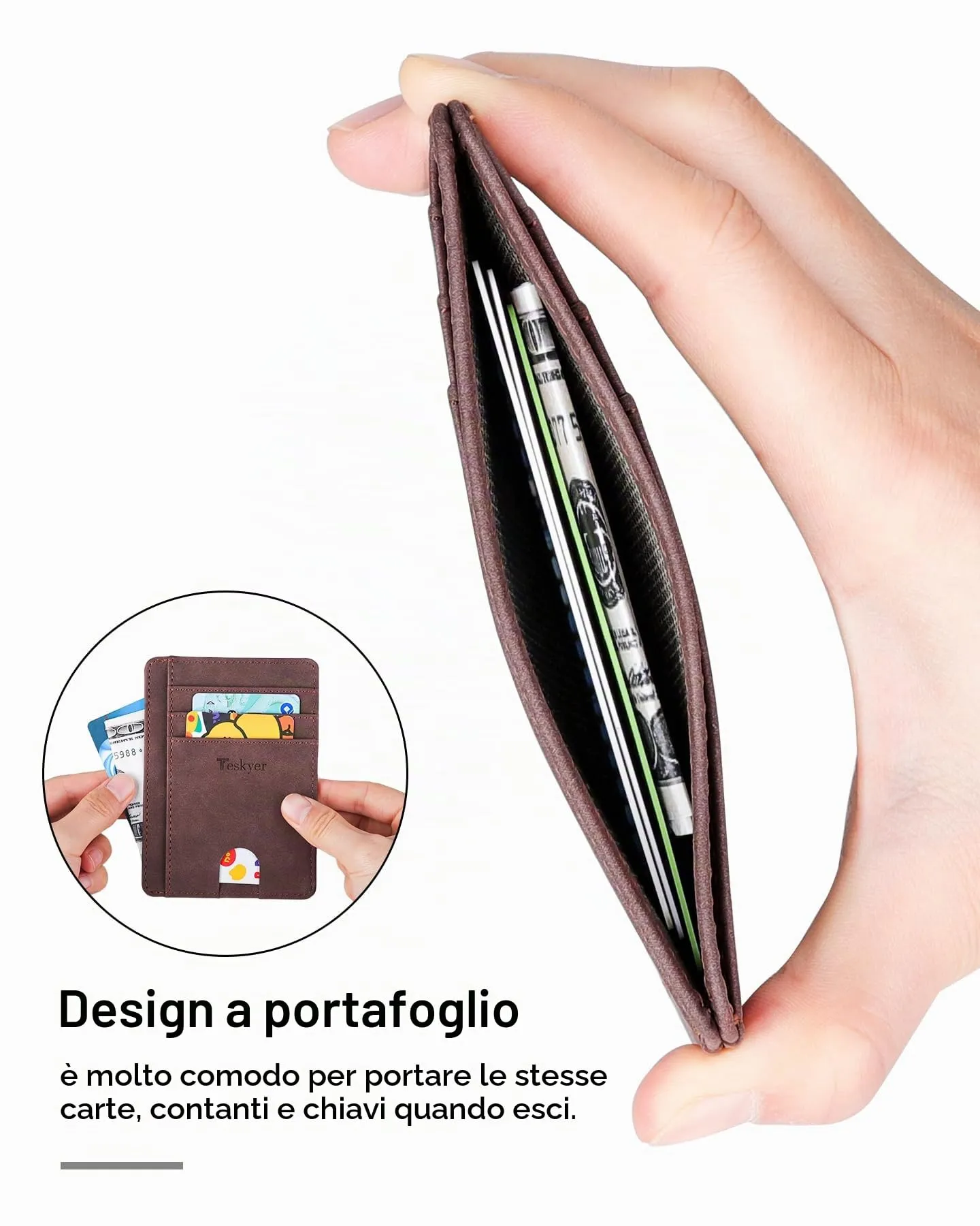 Teskyer Portafoglio Porta Carte di Credito Uomo Sottile RFID, Caffè - immagine 3