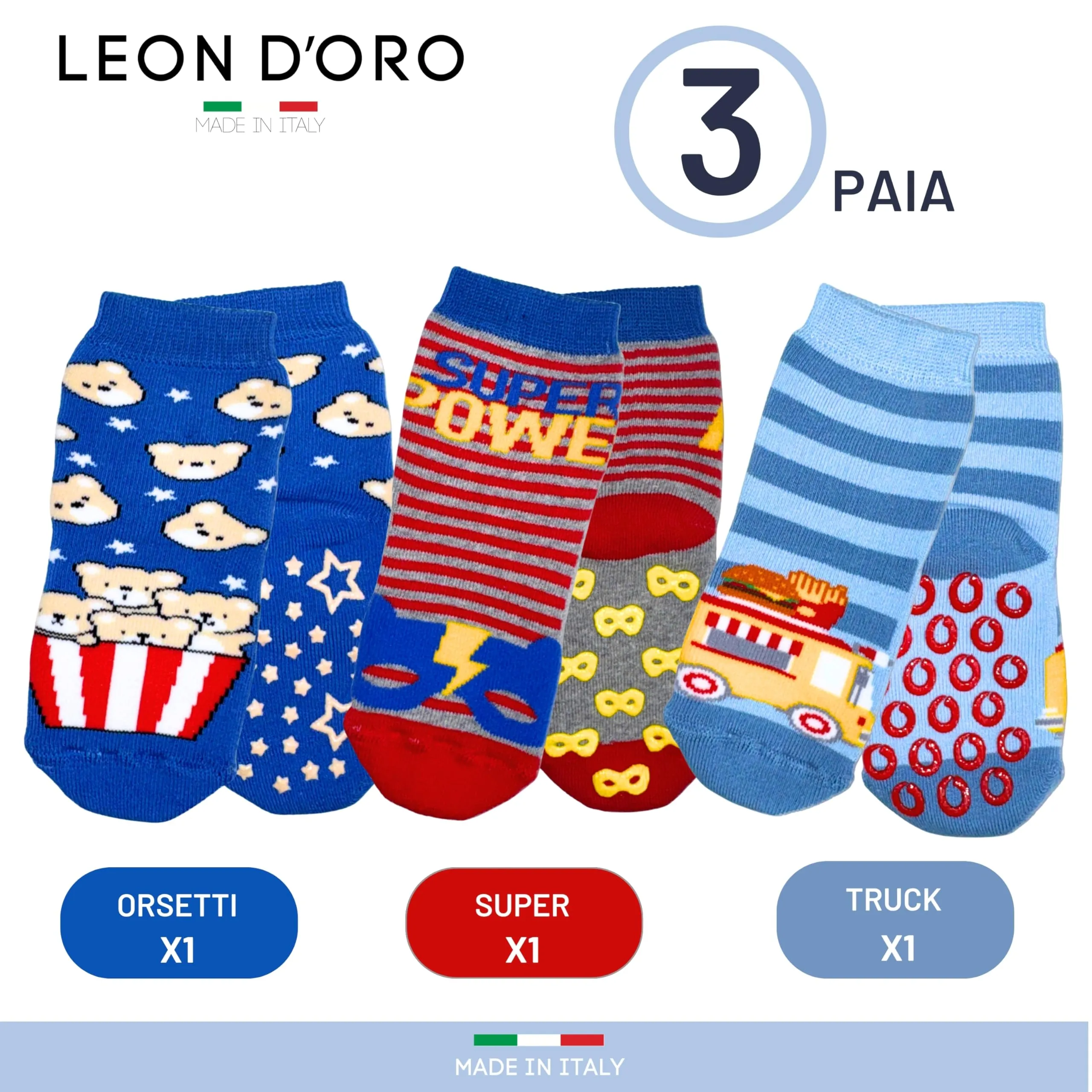 LEON D'ORO Calzini Antiscivolo Bambino in Cotone, 3 Paia, 6-12 mesi, Made in Italy - immagine 3