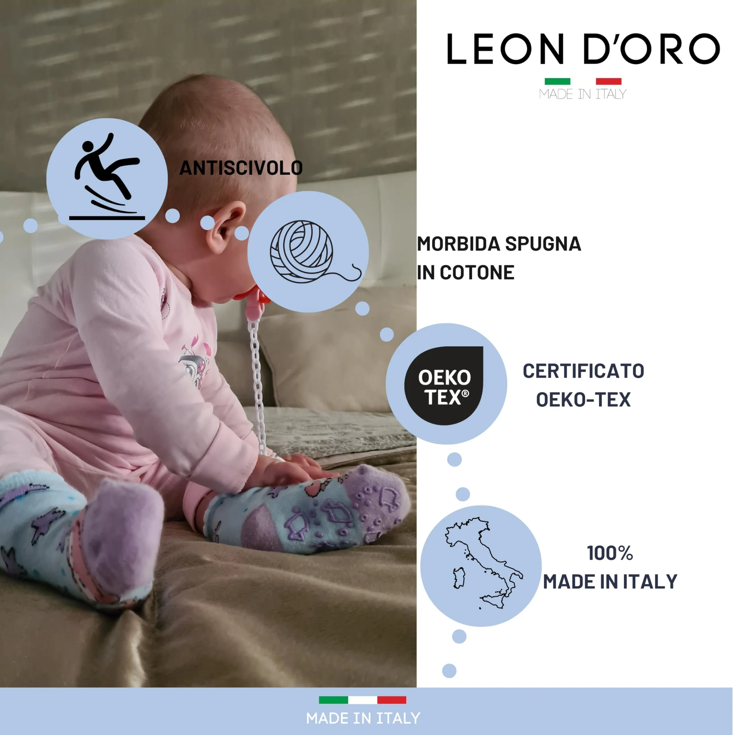 LEON D'ORO Calzini Antiscivolo Bambino in Cotone, 3 Paia, 6-12 Mesi, Made in Italy - immagine 2