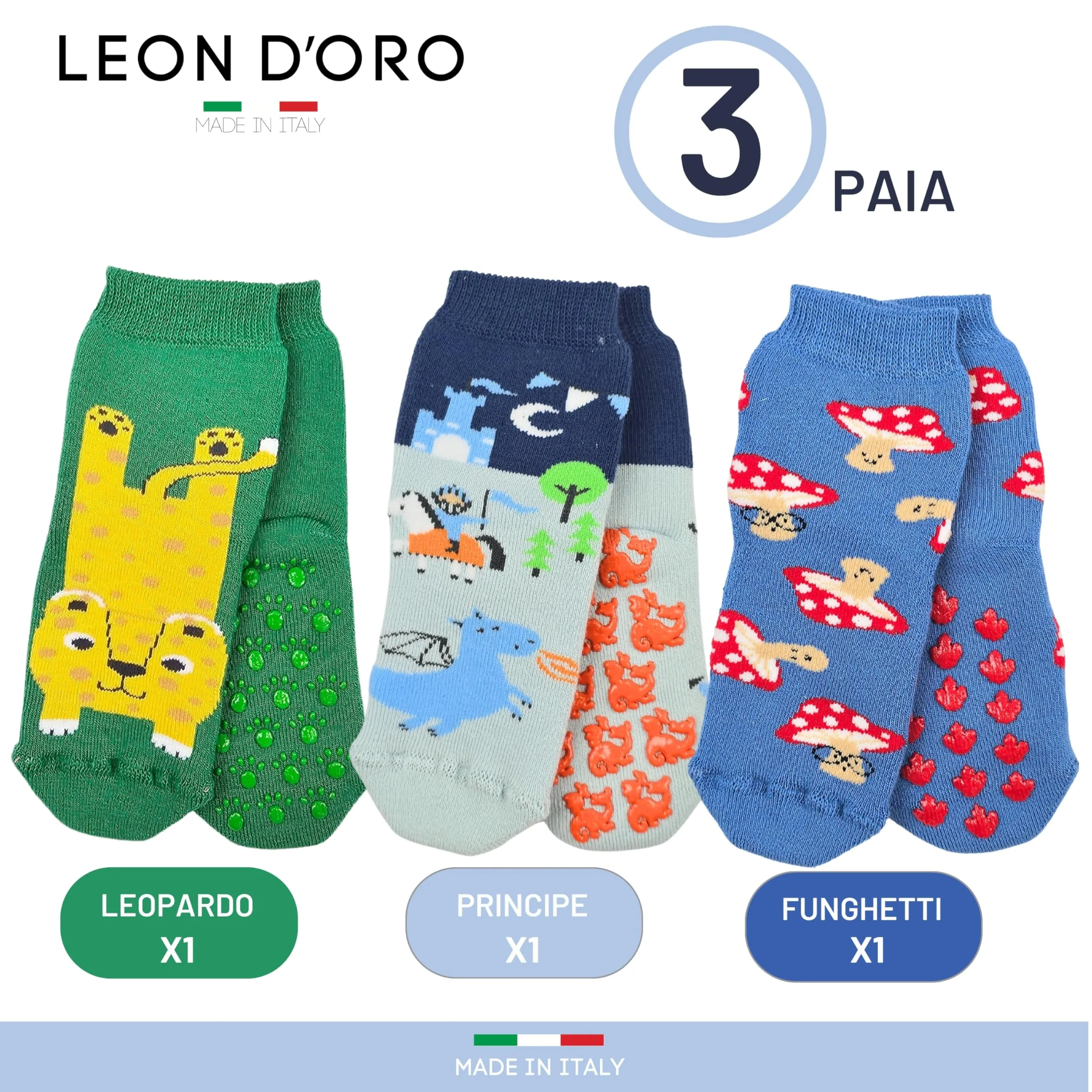 LEON D'ORO Calzini Antiscivolo Bambino in Cotone, 3 Paia, 6-12 Mesi, Made in Italy - immagine 4