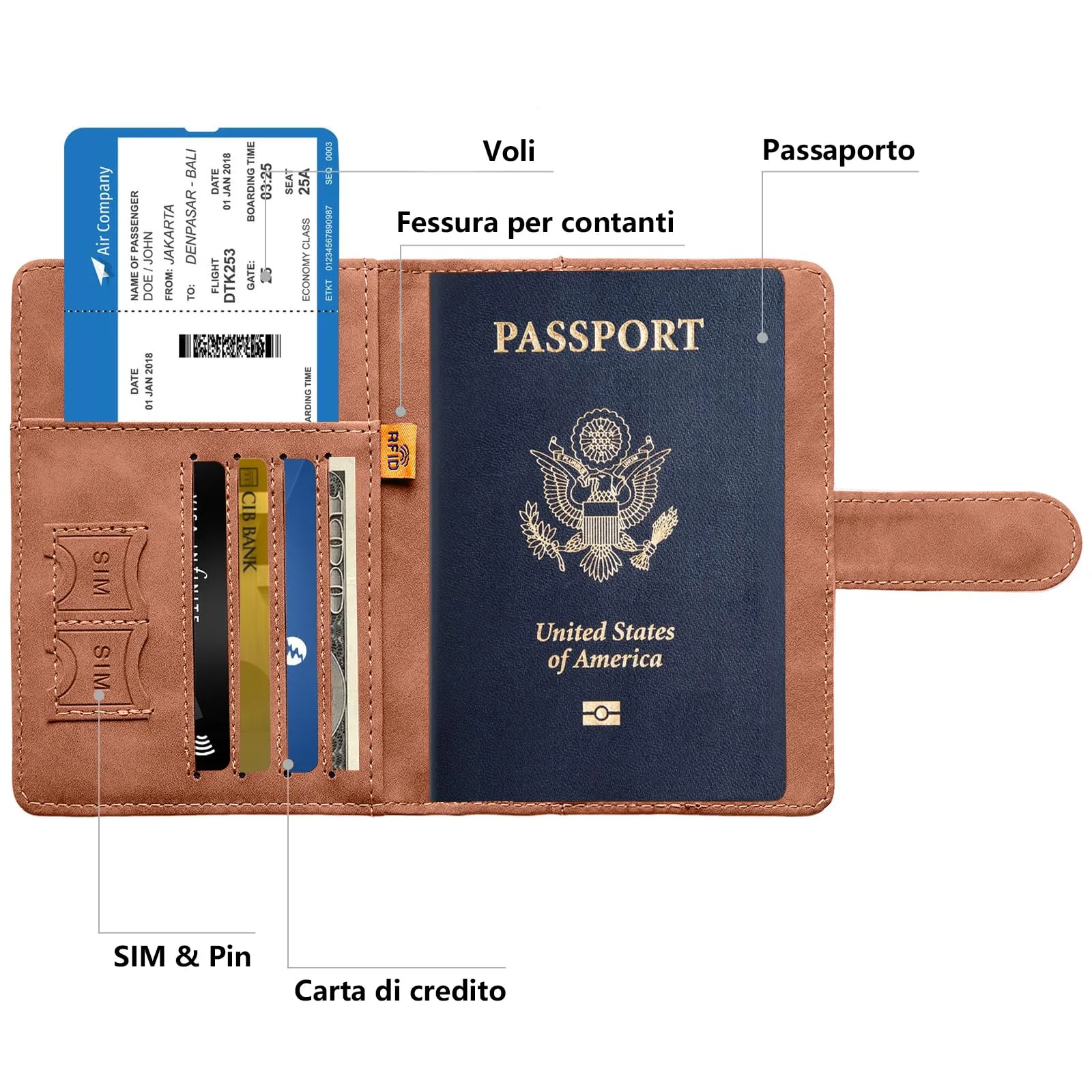Toctax Porta Passaporto RFID e Etichetta per Bagaglio, Marrone - immagine 2