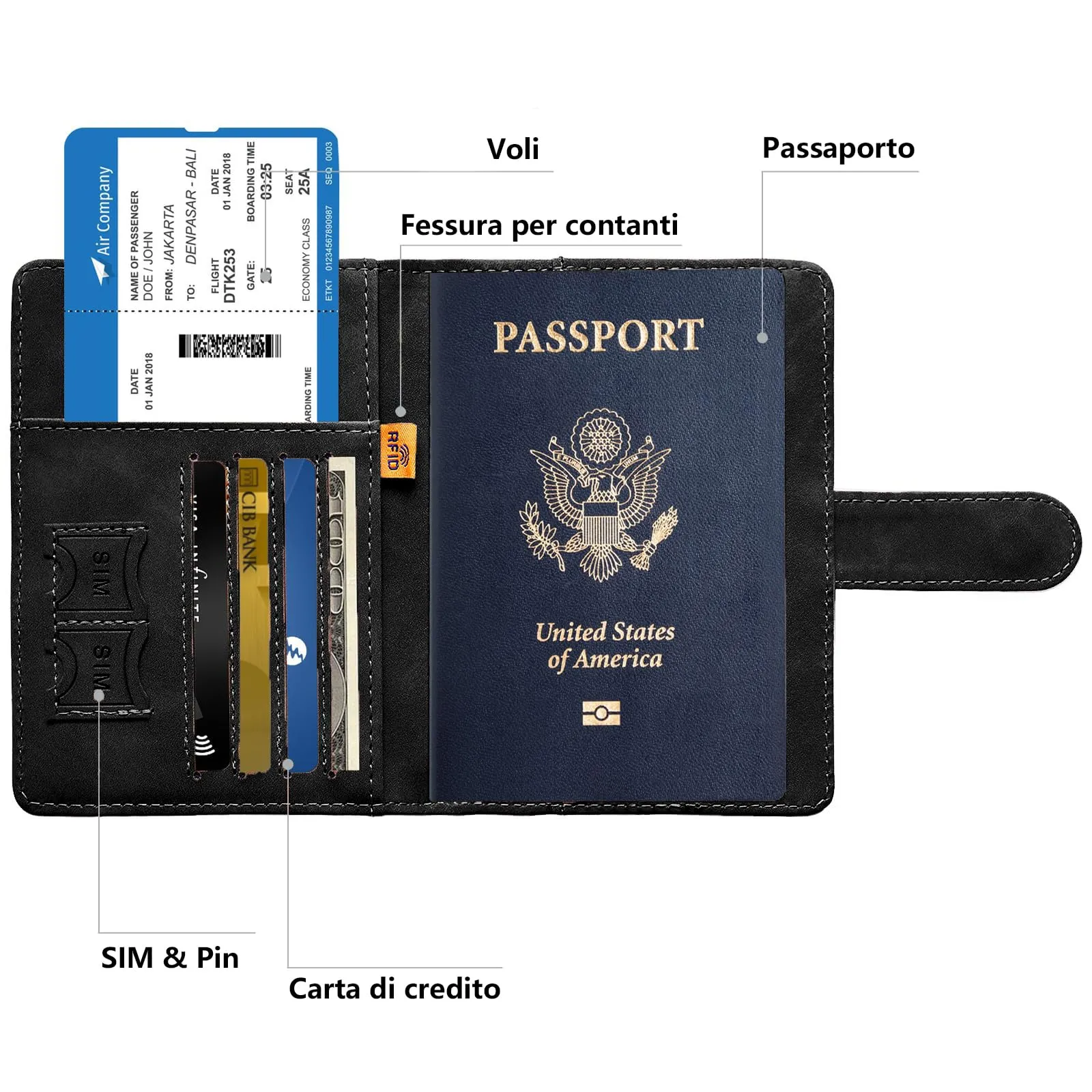 Toctax Porta Passaporto RFID e Etichetta per Valigie, Nero - immagine 2