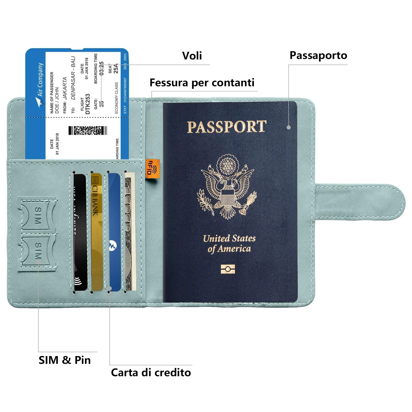 Toctax Porta Passaporto e Etichetta per Valigie, Custodia Passaporto RFID in Pelle PU (Azzurro Chiaro) - immagine 2