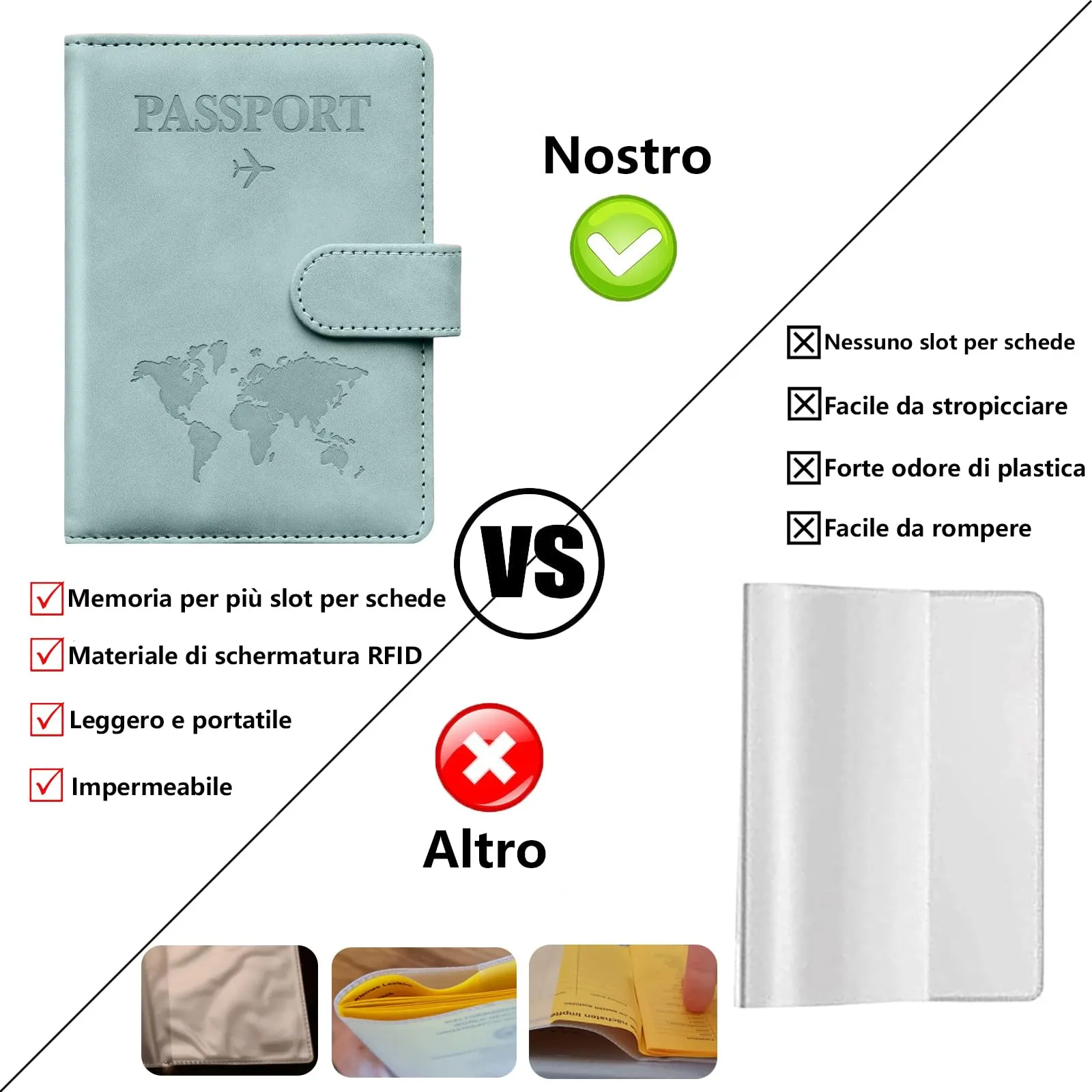 Toctax Porta Passaporto e Etichetta per Valigie, Custodia Passaporto RFID in Pelle PU (Azzurro Chiaro) - immagine 3