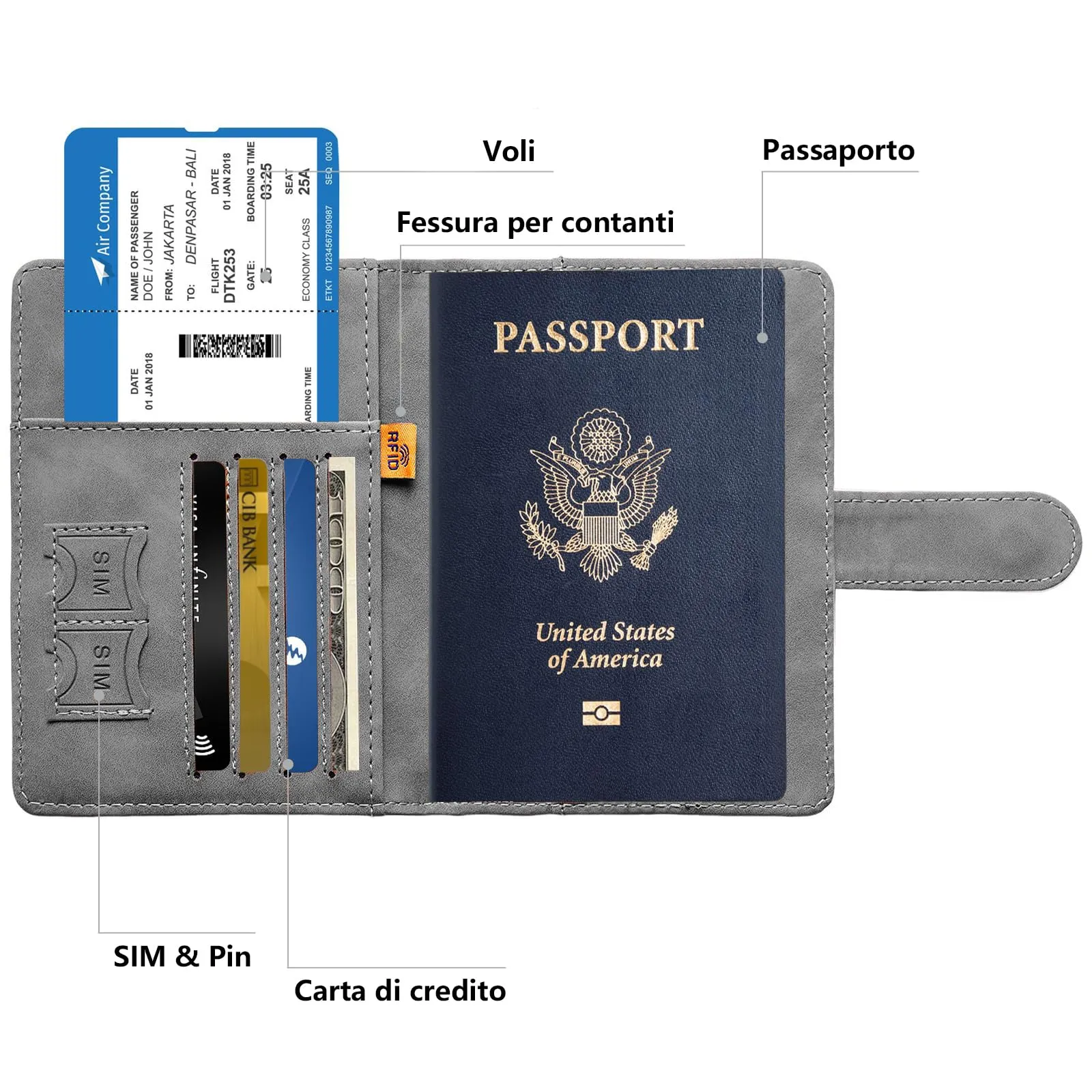 Toctax Porta Passaporto RFID con Etichetta per Bagagli, Pelle PU, Grigio - immagine 2