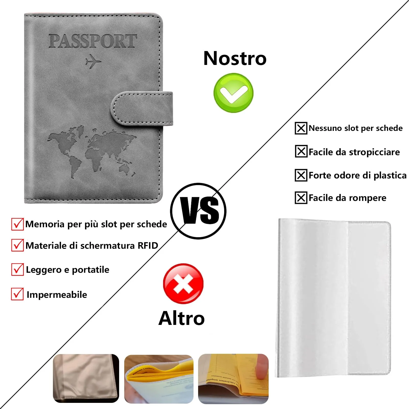Toctax Porta Passaporto RFID con Etichetta per Bagagli, Pelle PU, Grigio - immagine 3