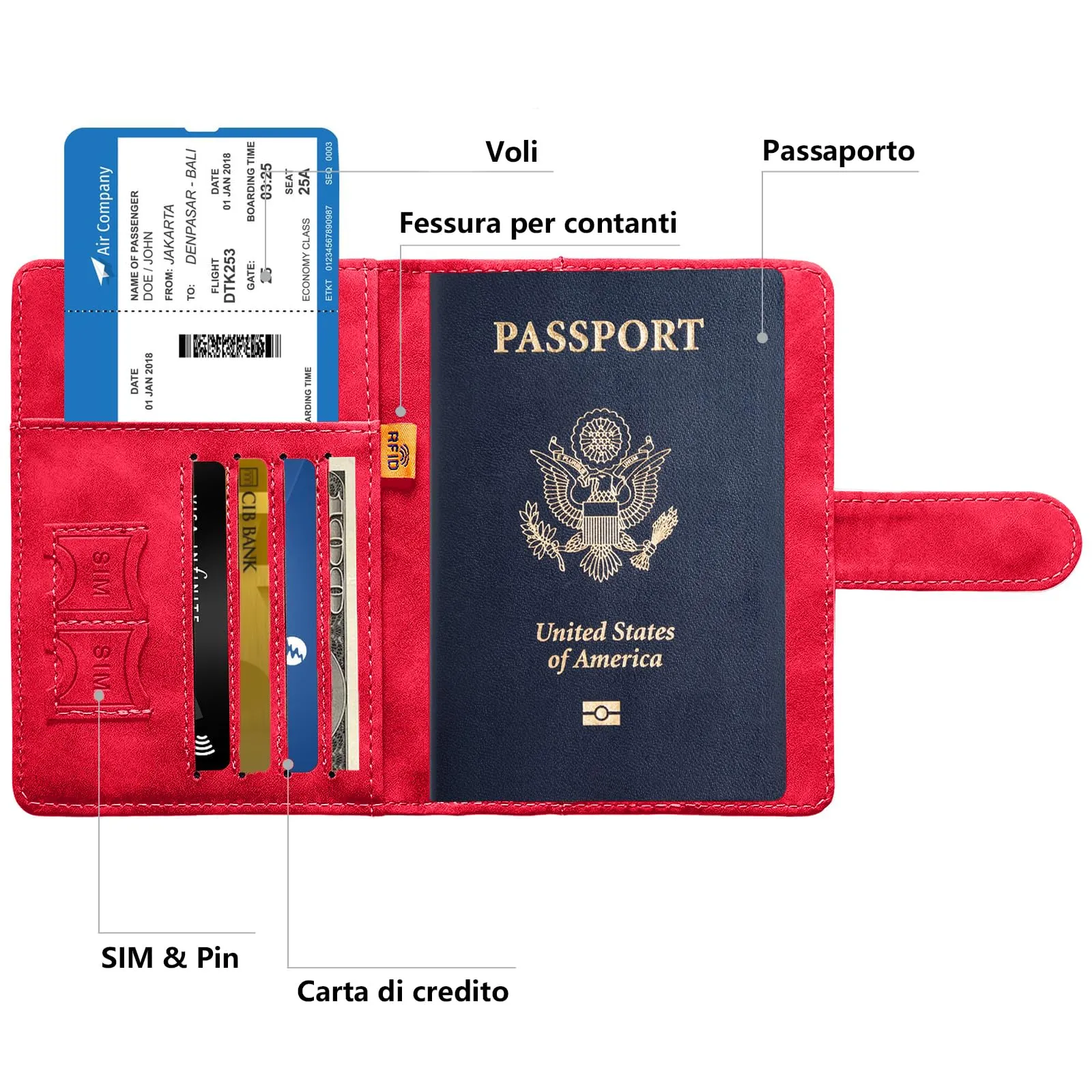 Toctax Porta Passaporto con Etichetta per Valigie, RFID, Pelle PU (Rosso) - immagine 2