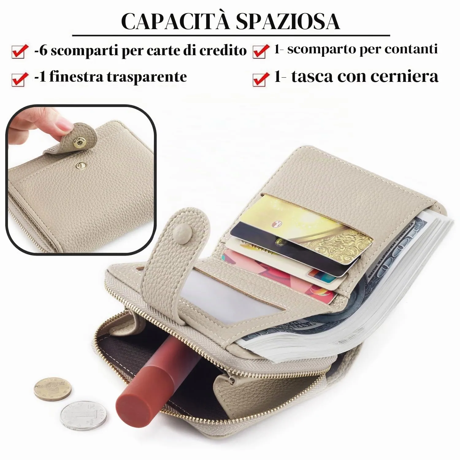 ANYWN Portafoglio Donna Piccolo in Pelle Morbida con Zip Portamonete, Kaki - immagine 2