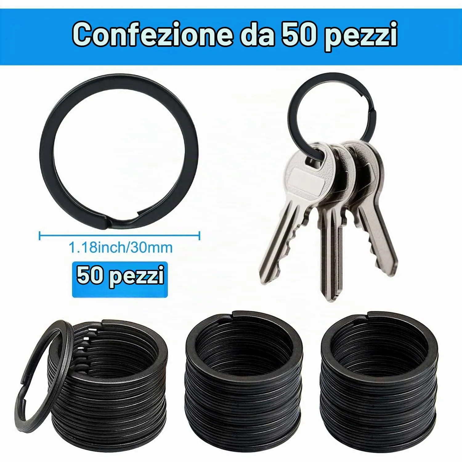 Wugauwor Anelli Portachiavi in Metallo Nero Antiruggine, 30mm, 50 Pezzi - immagine 3