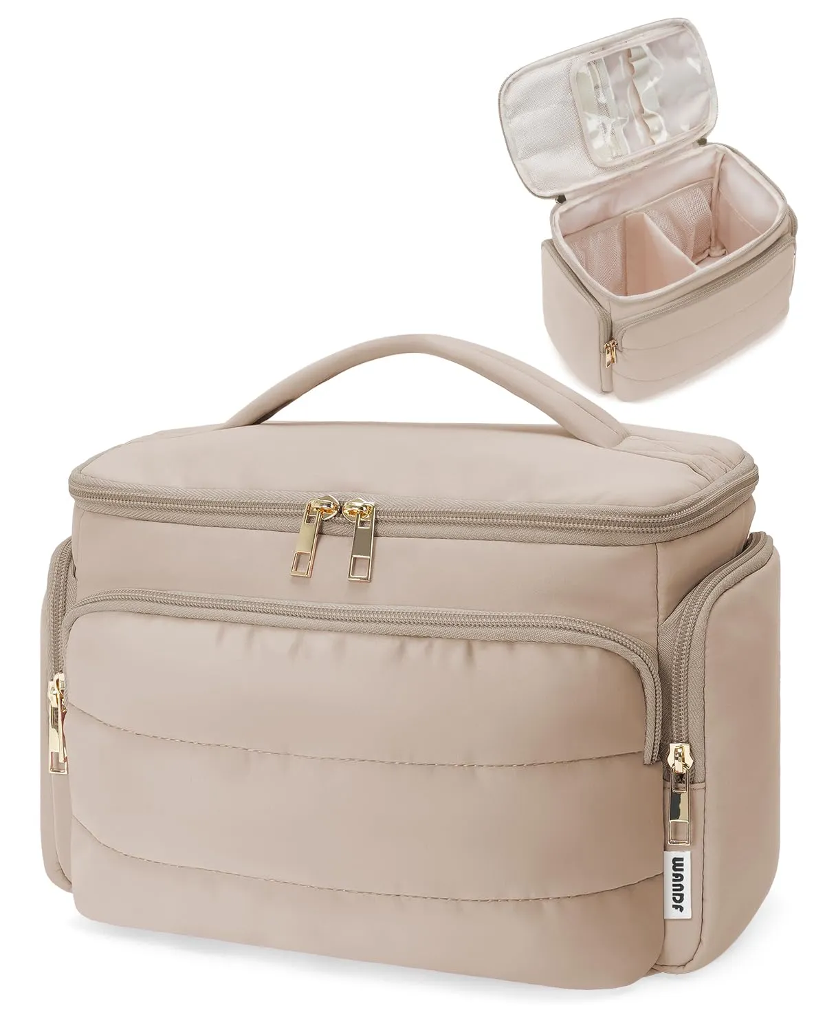 WANDF Beauty Case da Viaggio Donna, Trousse Trucco a Larga Apertura con Maniglia, Cachi - immagine 1