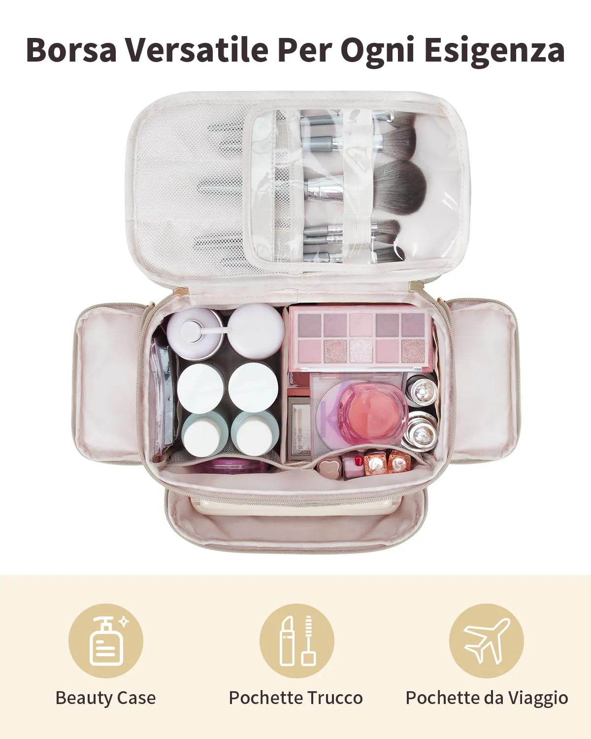 WANDF Beauty Case da Viaggio Donna, Trousse Trucco a Larga Apertura con Maniglia, Cachi - immagine 2