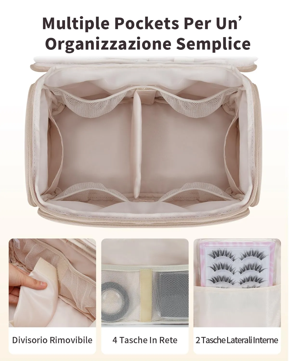 WANDF Beauty Case da Viaggio Donna, Trousse Trucco a Larga Apertura con Maniglia, Cachi - immagine 3