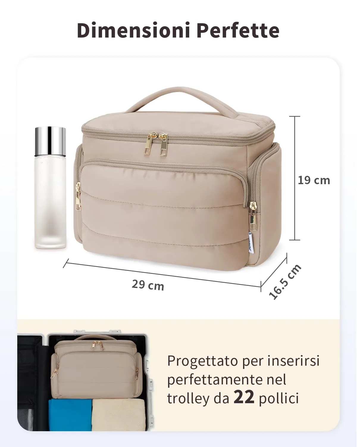 WANDF Beauty Case da Viaggio Donna, Trousse Trucco a Larga Apertura con Maniglia, Cachi - immagine 6