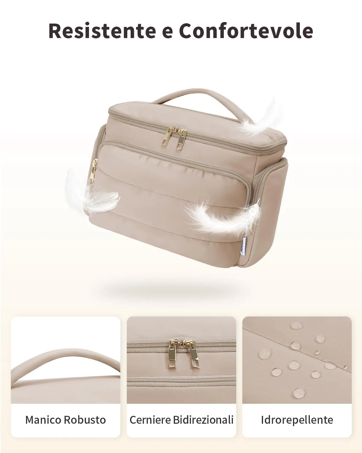 WANDF Beauty Case da Viaggio Donna, Trousse Trucco a Larga Apertura con Maniglia, Cachi - immagine 7