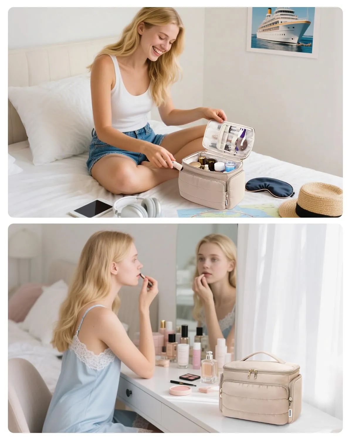 WANDF Beauty Case da Viaggio Donna, Trousse Trucco a Larga Apertura con Maniglia, Cachi - immagine 8