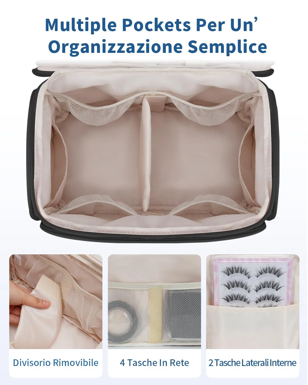 WANDF Beauty Case da Viaggio Donna, Trousse Trucco a Larga Apertura, Organizer per Cosmetici e Toiletries, Nero - immagine 3