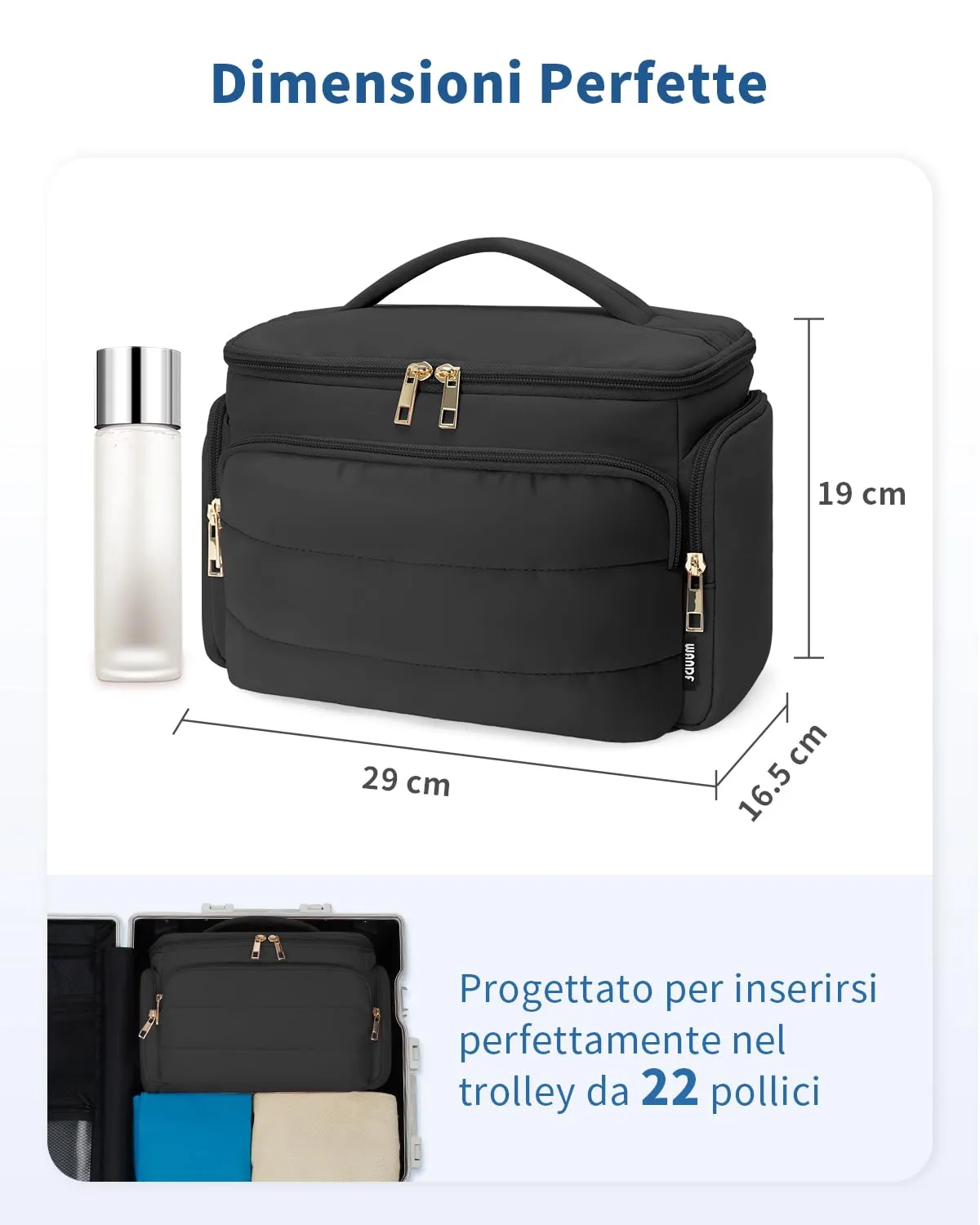 WANDF Beauty Case da Viaggio Donna, Trousse Trucco a Larga Apertura, Organizer per Cosmetici e Toiletries, Nero - immagine 6