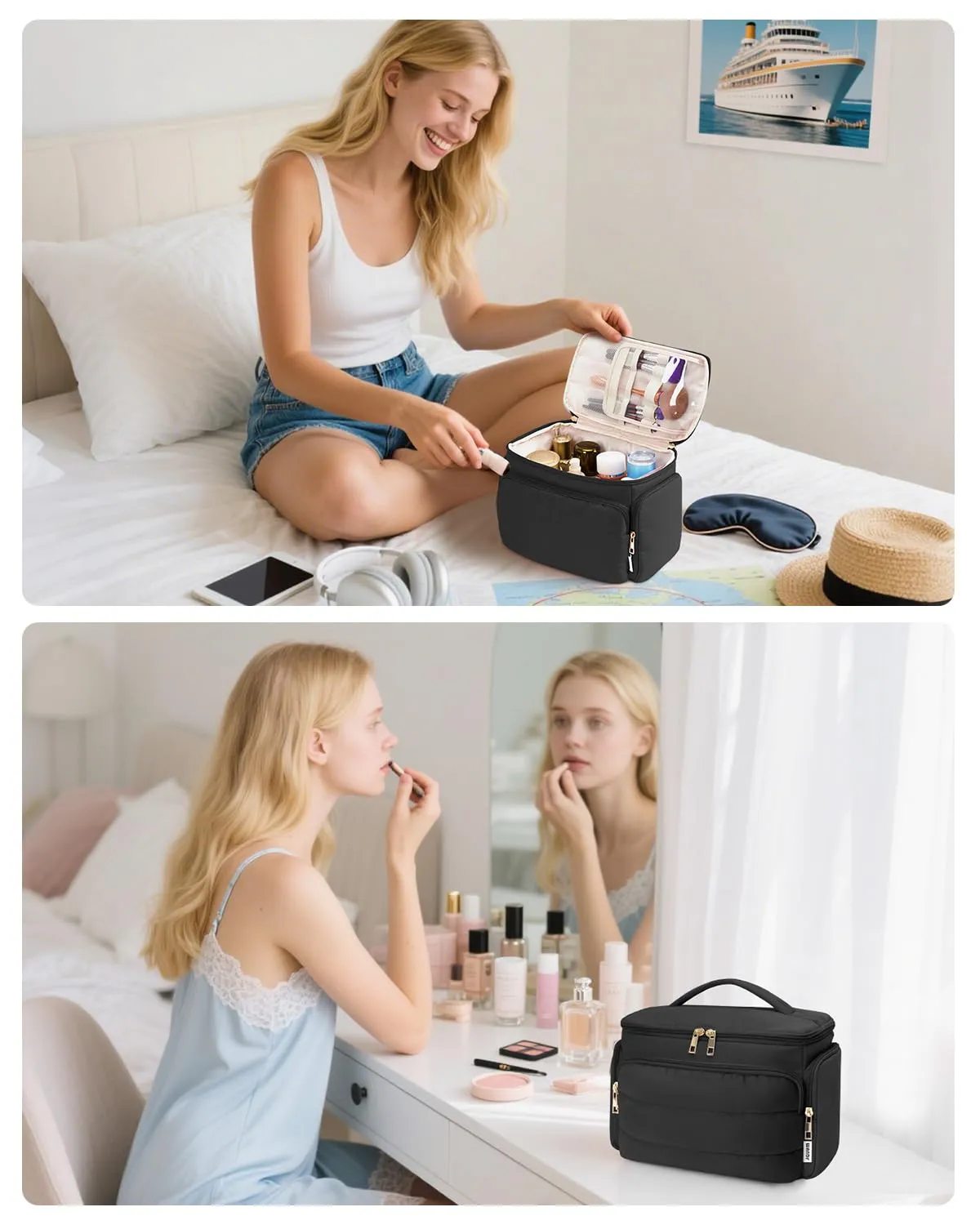 WANDF Beauty Case da Viaggio Donna, Trousse Trucco a Larga Apertura, Organizer per Cosmetici e Toiletries, Nero - immagine 8