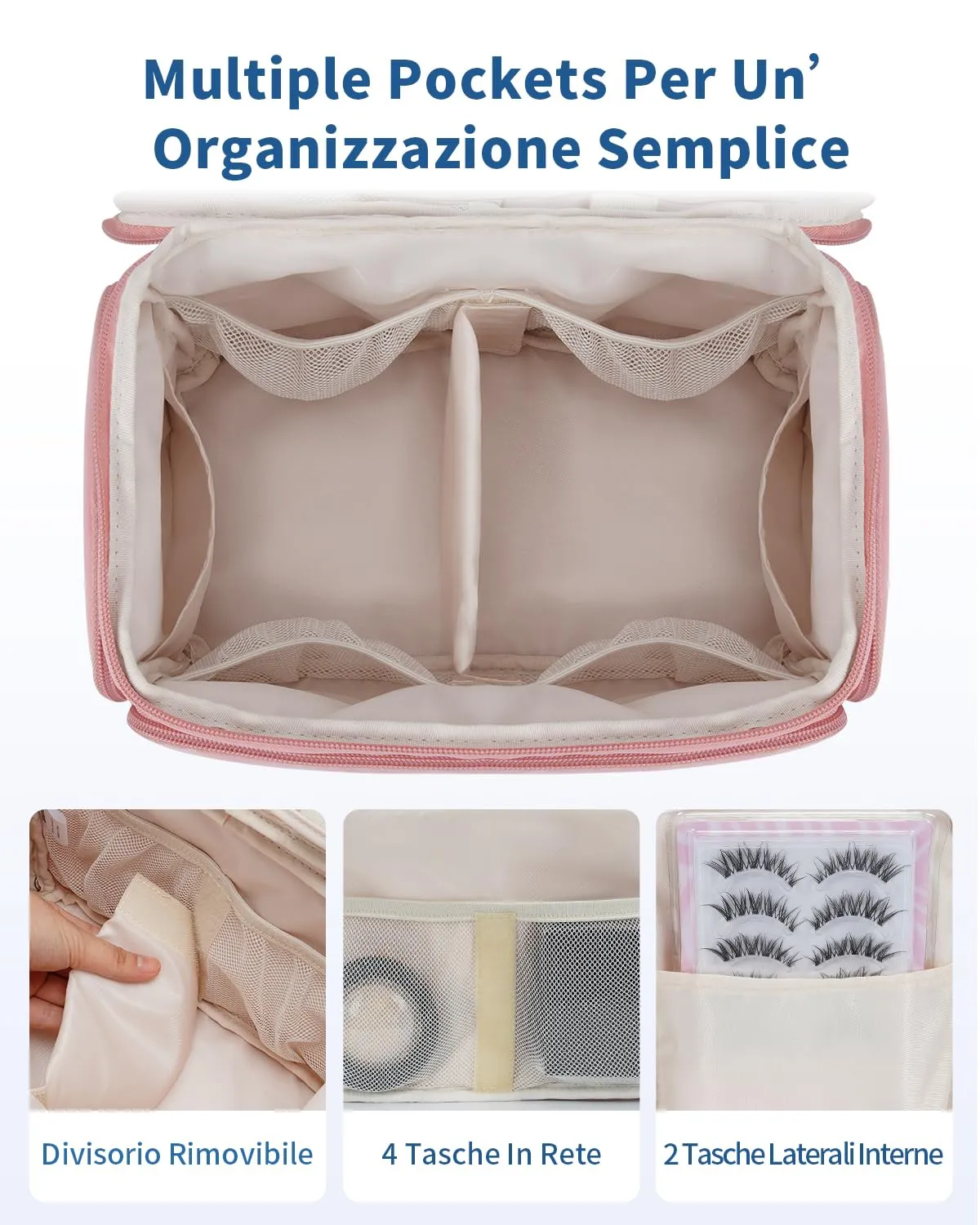WANDF Beauty Case da Viaggio Donna, Trousse Trucco a Larga Apertura con Maniglia e Organizer per Cosmetici, Rosa - immagine 3