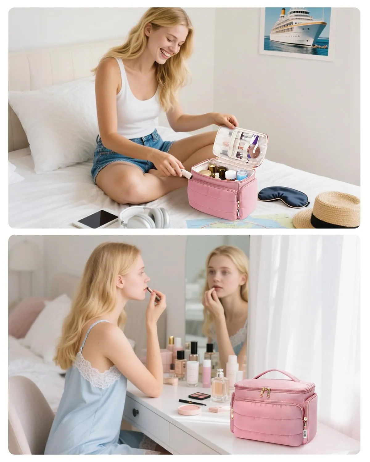 WANDF Beauty Case da Viaggio Donna, Trousse Trucco a Larga Apertura con Maniglia e Organizer per Cosmetici, Rosa - immagine 8