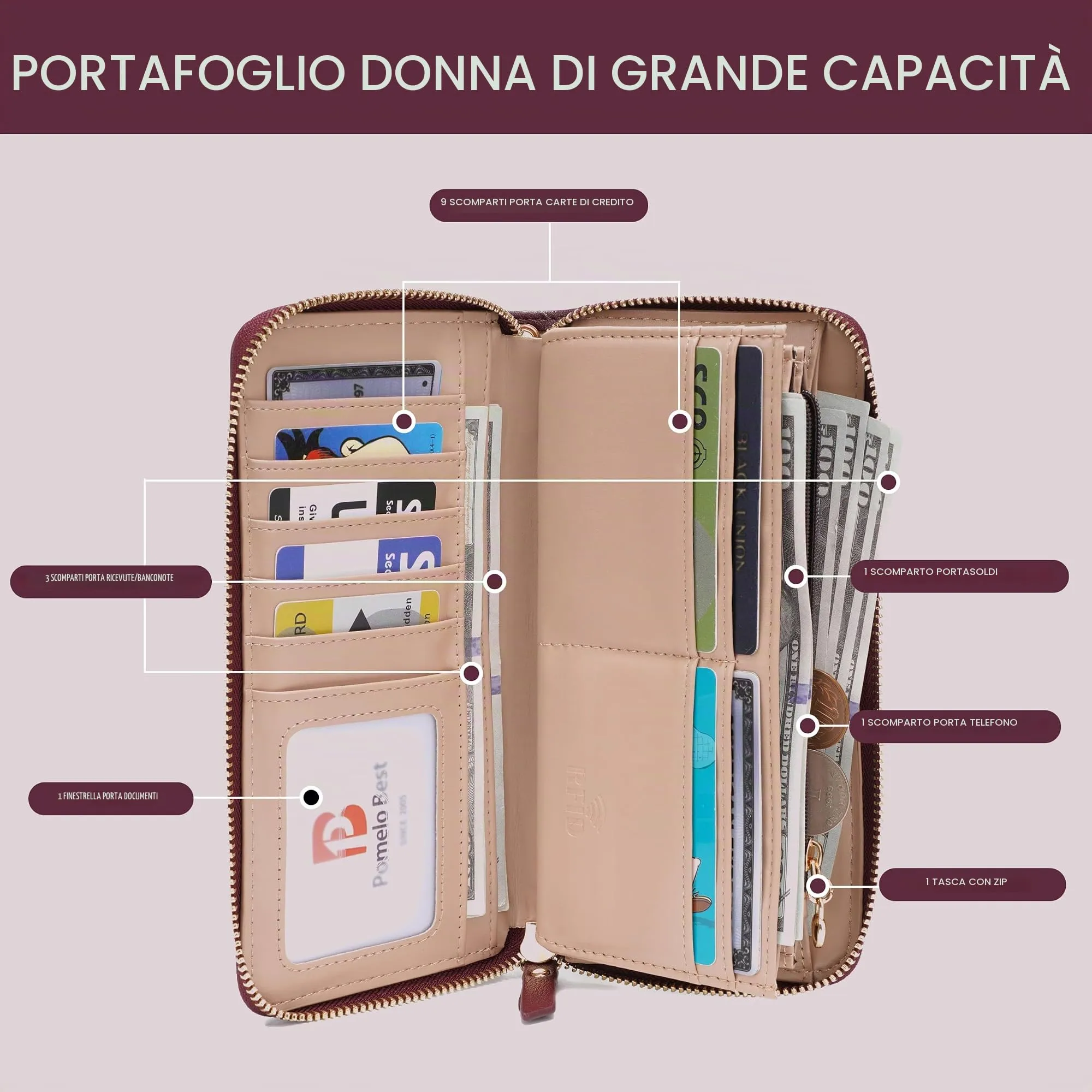 Pomelo Best Portafoglio in Pelle Donna con Stampato Magnolia RFID - immagine 2