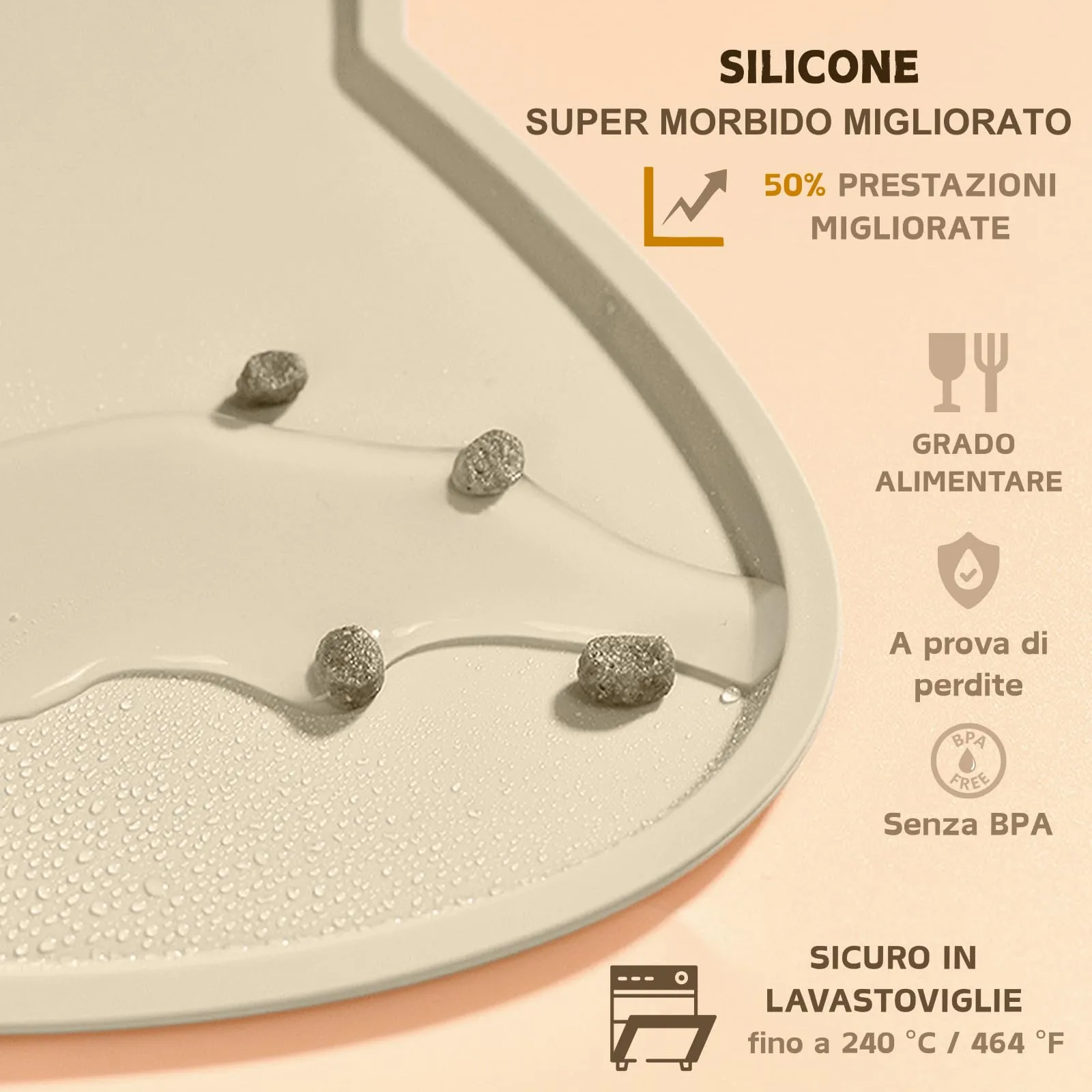 Septillar Tappetino Sottociotola in Silicone per Cani e Gatti, Antiscivolo e Impermeabile, Beige, 60x35 cm - immagine 3